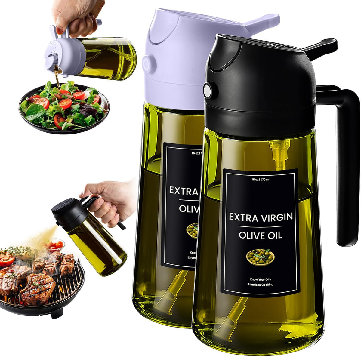 Flash Sale - CXINYI - 16oz/470ml Olive Oil Dispenser for Kitchen with Stickers - 2 in 1 Olive Oil Sprayer for Cooking, Air Fryer, and Salad, Black&Green (Light-Proof Kitchen Gadget)