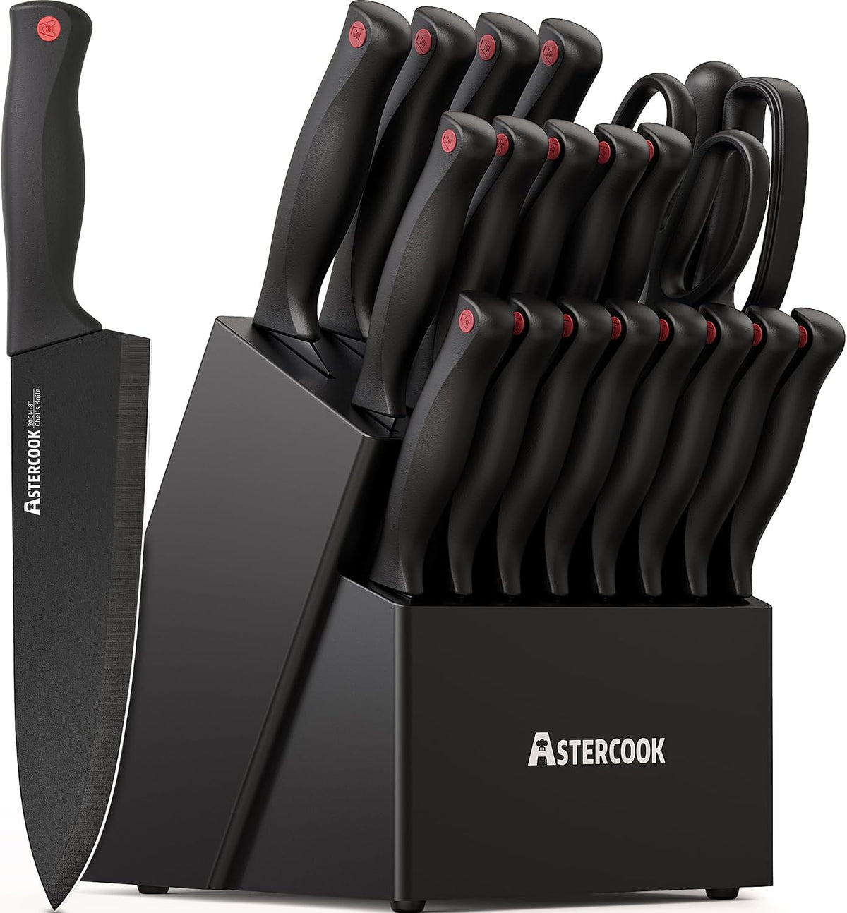 Great Value - Astercook Knife Set for Kitchen with Block and Sharpener 15pcs German - Stainless Steel Kitchen Utensils Set Dishwasher Safe