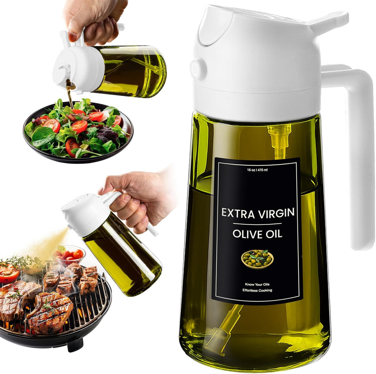 Flash Sale - CXINYI - 16oz/470ml Olive Oil Dispenser for Kitchen with Stickers - 2 in 1 Olive Oil Sprayer for Cooking, Air Fryer, and Salad, Black&Green (Light-Proof Kitchen Gadget)