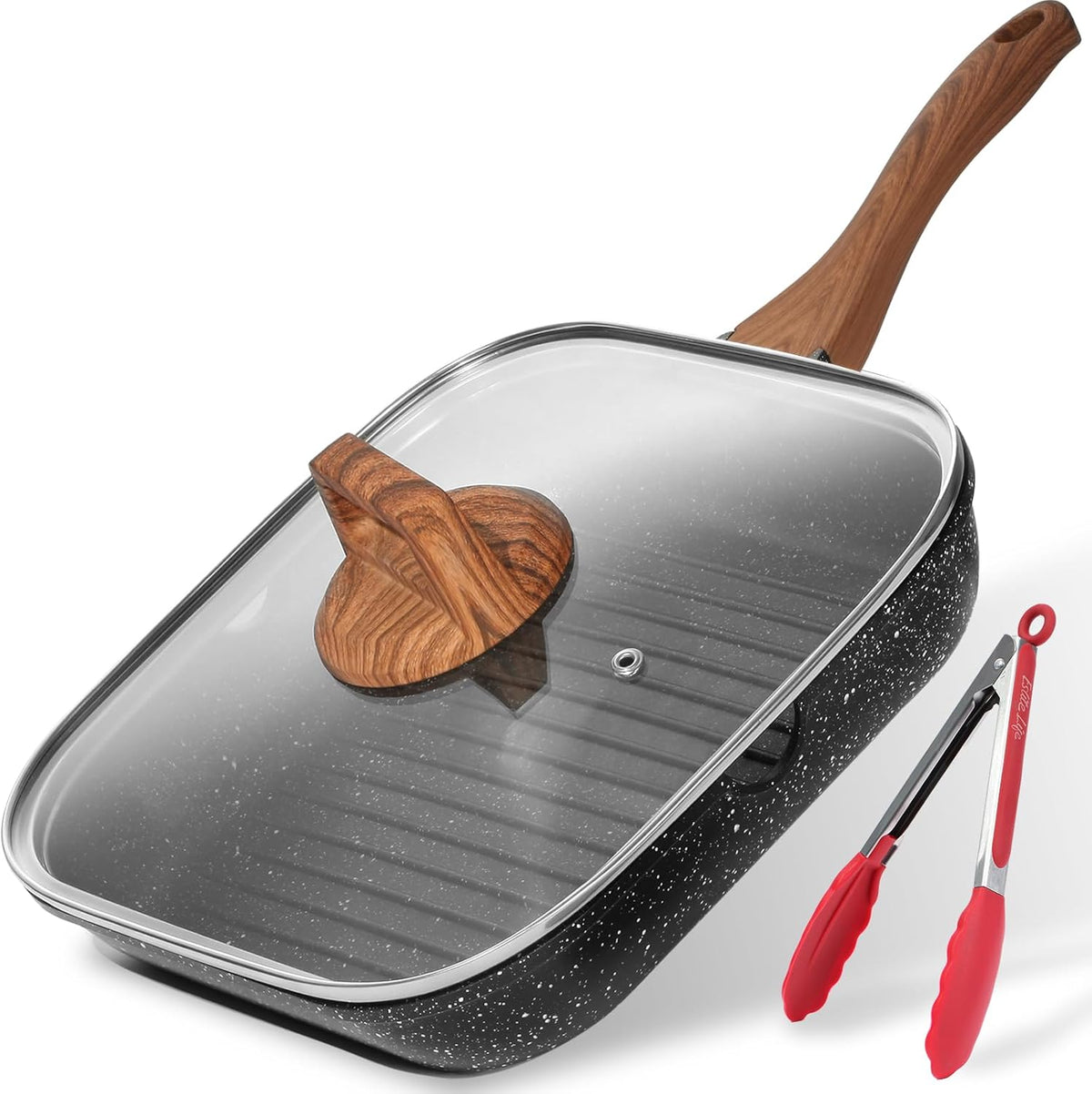Limited-Time Deal - ESLITE LIFE Nonstick Divided Grill Pan for Stove Tops, 11 Inch Versatile 3-In-1 Breakfast Pan, Square Big Grilling Steak Pan for Indoor & Outdoor Cooking, PTFE & PFOA Free, Black
