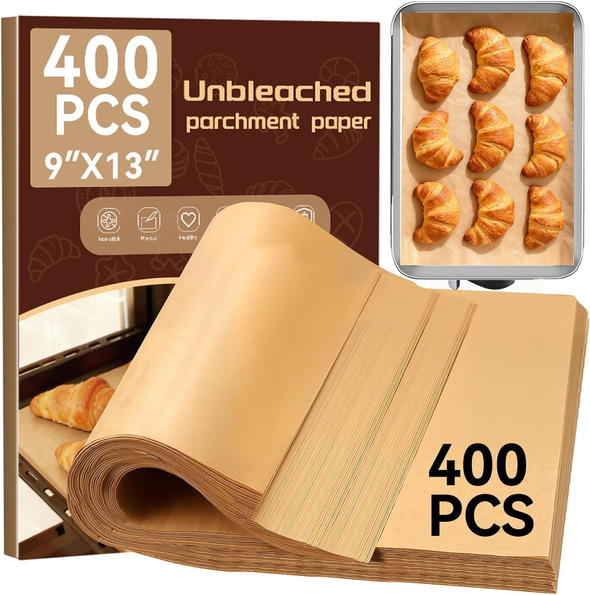 YUANYE 400PCS Parchment Paper Baking Sheets, 12x16 Unbleached Precut Half Parchment Paper for Baking, Non-Stick Baking Paper for Baking, Grillin, Steaming Bread Cookies, Oven, Air Fryer, Microwave