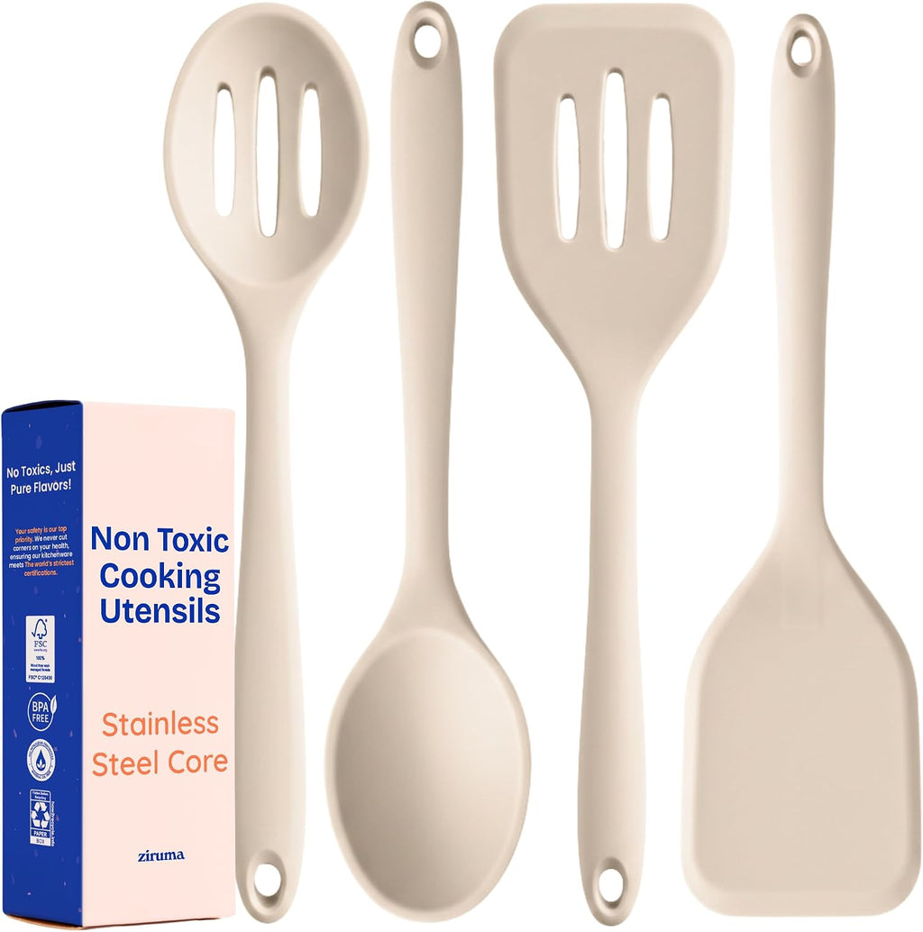 NonToxic Platinum Silicone Utensils, 100% Plastic-Free, 8-Pcs, Gray - LFGB-certified platinum silicone. Solid steel core, no hidden plastics. 500°F heat resistant. Non-scratch. Dishwasher safe
