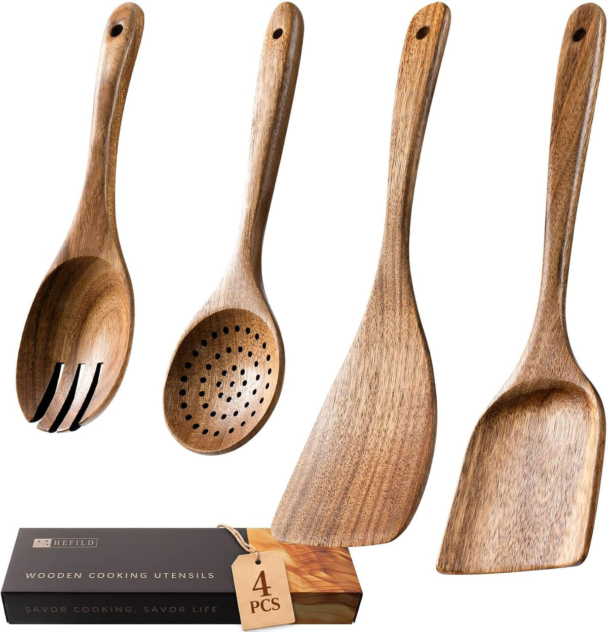 Hefild Wooden Spoons for Cooking, 10-Piece Acacia Wood Cooking Utensil Set - Spoons and spatulas stir, mix, flip and serve; balanced handles offer control while staying gentle on nonstick cookware.
