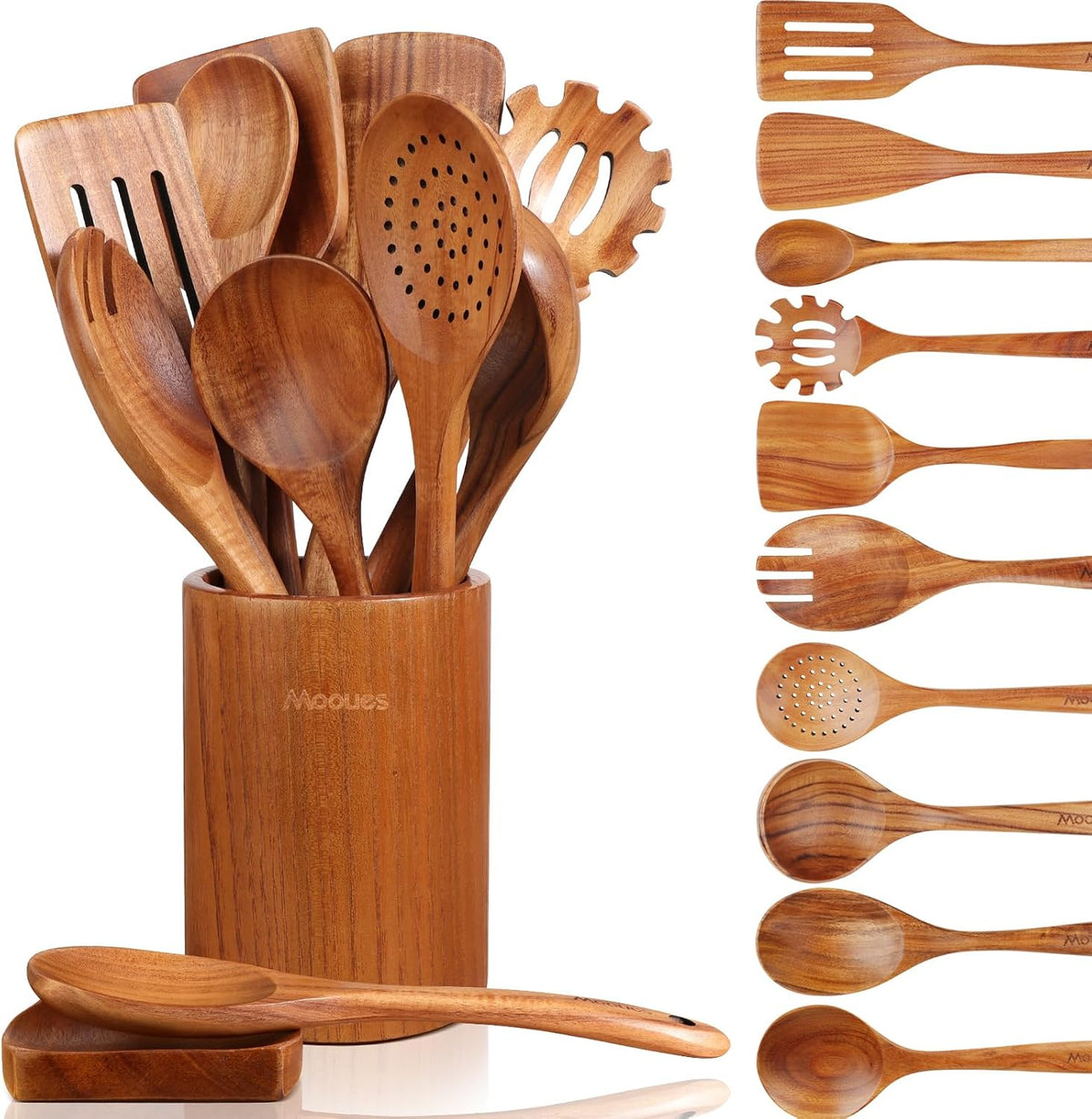 Special Offer - Mooues Wooden Kitchen Utensil Set, 9 Piece Natural Teak with Spoon Rest - Wooden Cooking Utensils with Comfort Grip, Smooth Durable Heat Resistant Cooking Spoons and Utensils Holder for Cooking
