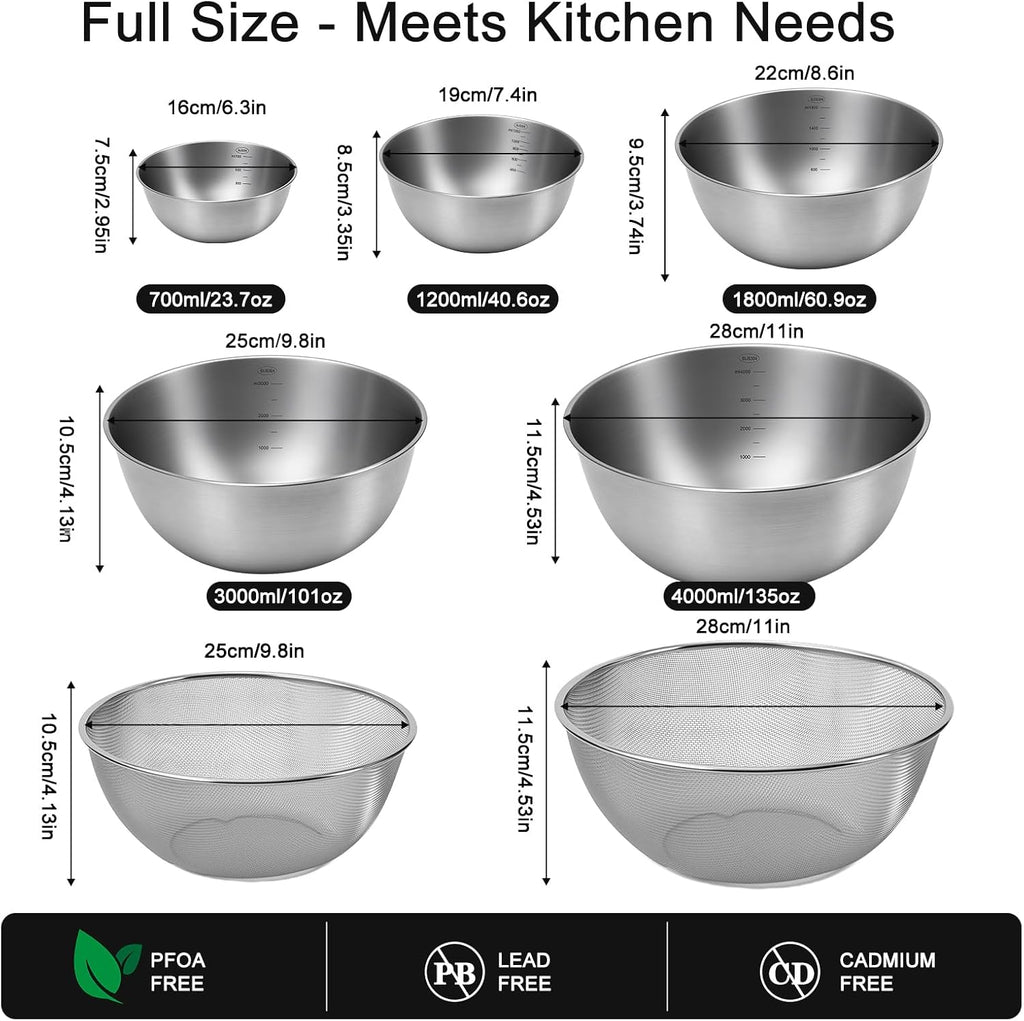 Hot Sale - 7PCS Stainless Steel Mixing Bowls Set with Colanders for Baking, Cooking - 5 Metal Kitchen Bowls with 2 Strainers, Dishwasher Safe, Space-Saving Cooking Bowl Set, for salad, baking, cooking, serving