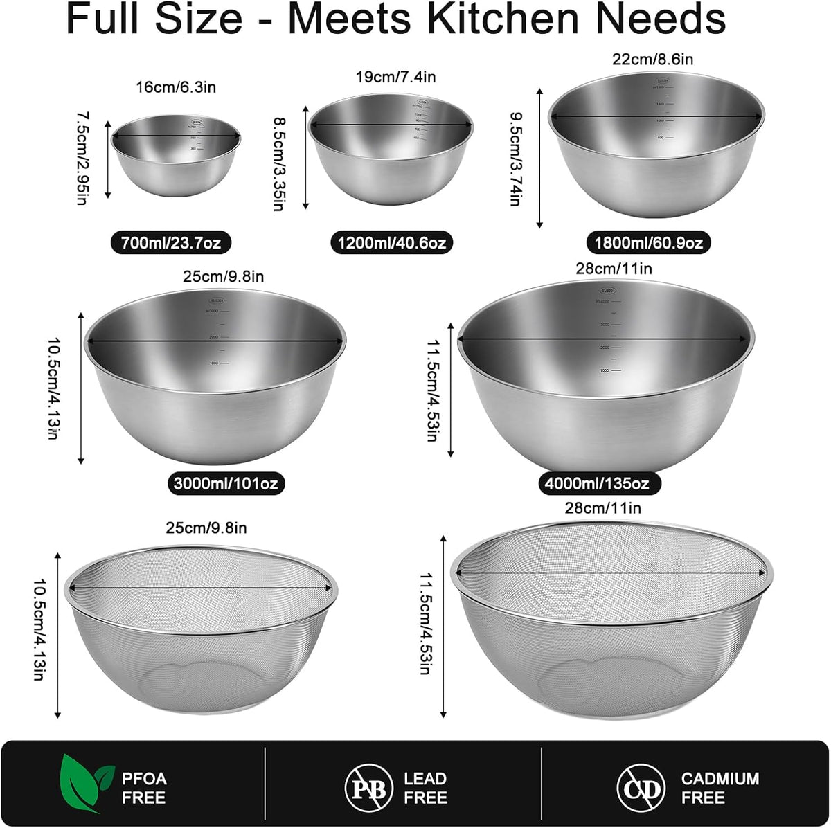 Hot Sale - 7PCS Stainless Steel Mixing Bowls Set with Colanders for Baking, Cooking - 5 Metal Kitchen Bowls with 2 Strainers, Dishwasher Safe, Space-Saving Cooking Bowl Set, for salad, baking, cooking, serving