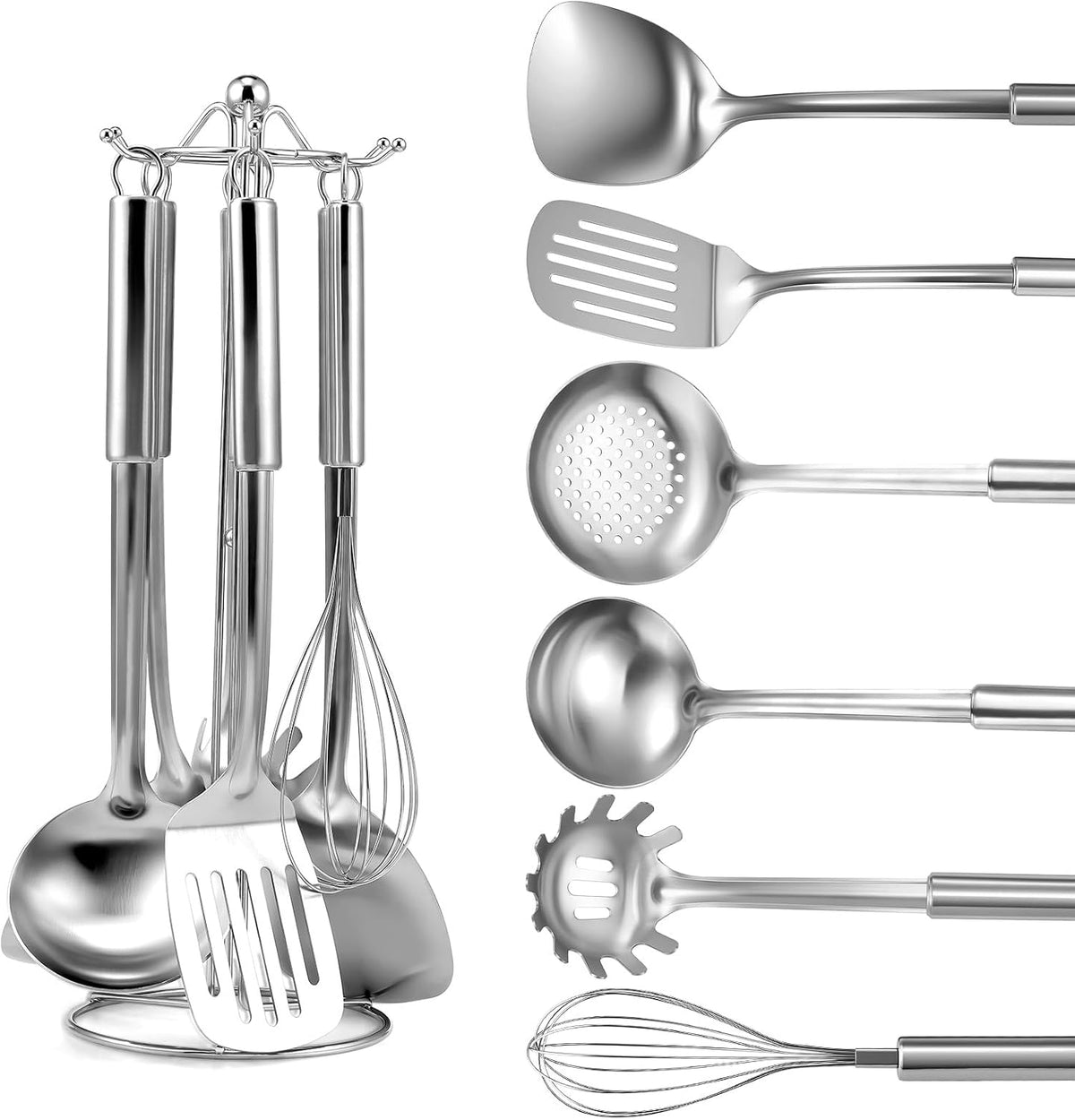 Hot Sale - Gymdin 6-Piece Kitchen Cooking Utensils Set, Stainless Steel Kitchen Utensils with Suspendable Handle, Spatula, Slotted Turner, Soup Ladle, Slotted Spoon, Whisk, Pasta Server, Dishwasher Safe