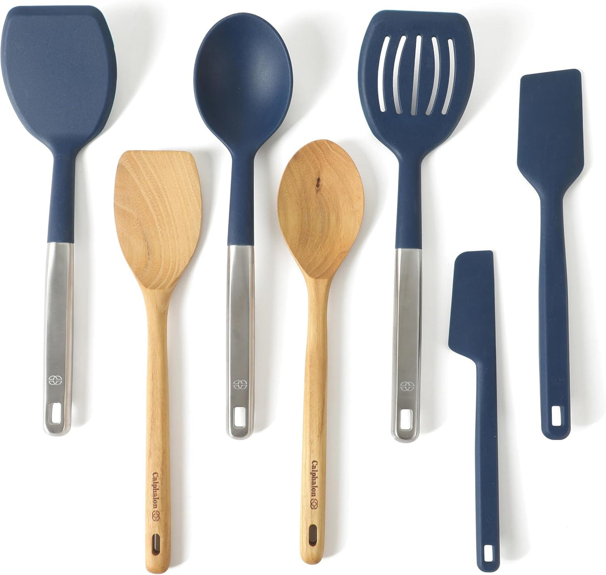 Great Value - Calphalon Prime 7-Piece Silicone and Teak Wood Kitchen Tool Set, Stainless Steel Kitchen Utensil Set, Kitchen Spoon And Spatula Set, Heat Resistant Non-Slip Kitchen Gadgets Set - Navy Blue