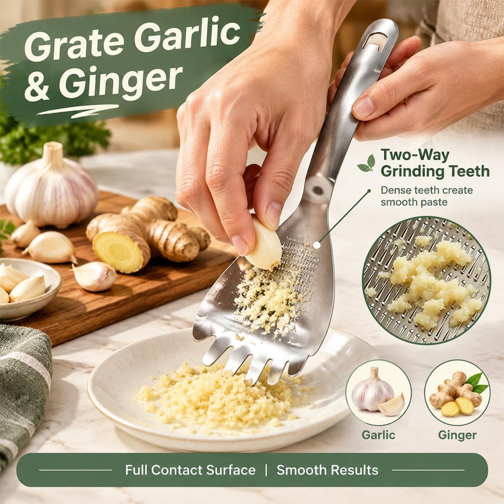 5-in-1 Stainless Steel Cooking Spoon, Multifunctional Kitchen Utensil with Garlic Ginger Grater, Potato Masher, Egg Separator, Strainer Spoon & Bottle Opener, Stainless Steel Kitchen Prep Tool