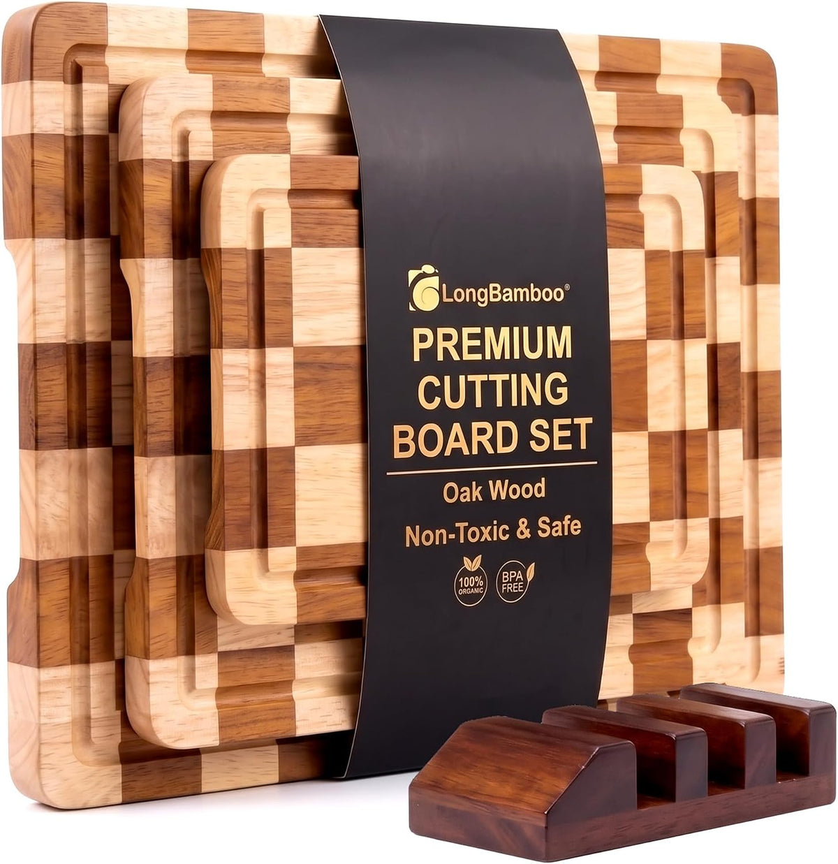 Flash Sale - Checkered Oak Wood Cutting Board Set of 3, Cutting Boards for Kitchen - Non-Toxic, Cutting Board with Stand Juice Groove for Cleaner Prep, Cooked Food Serving, and Upright Storage
