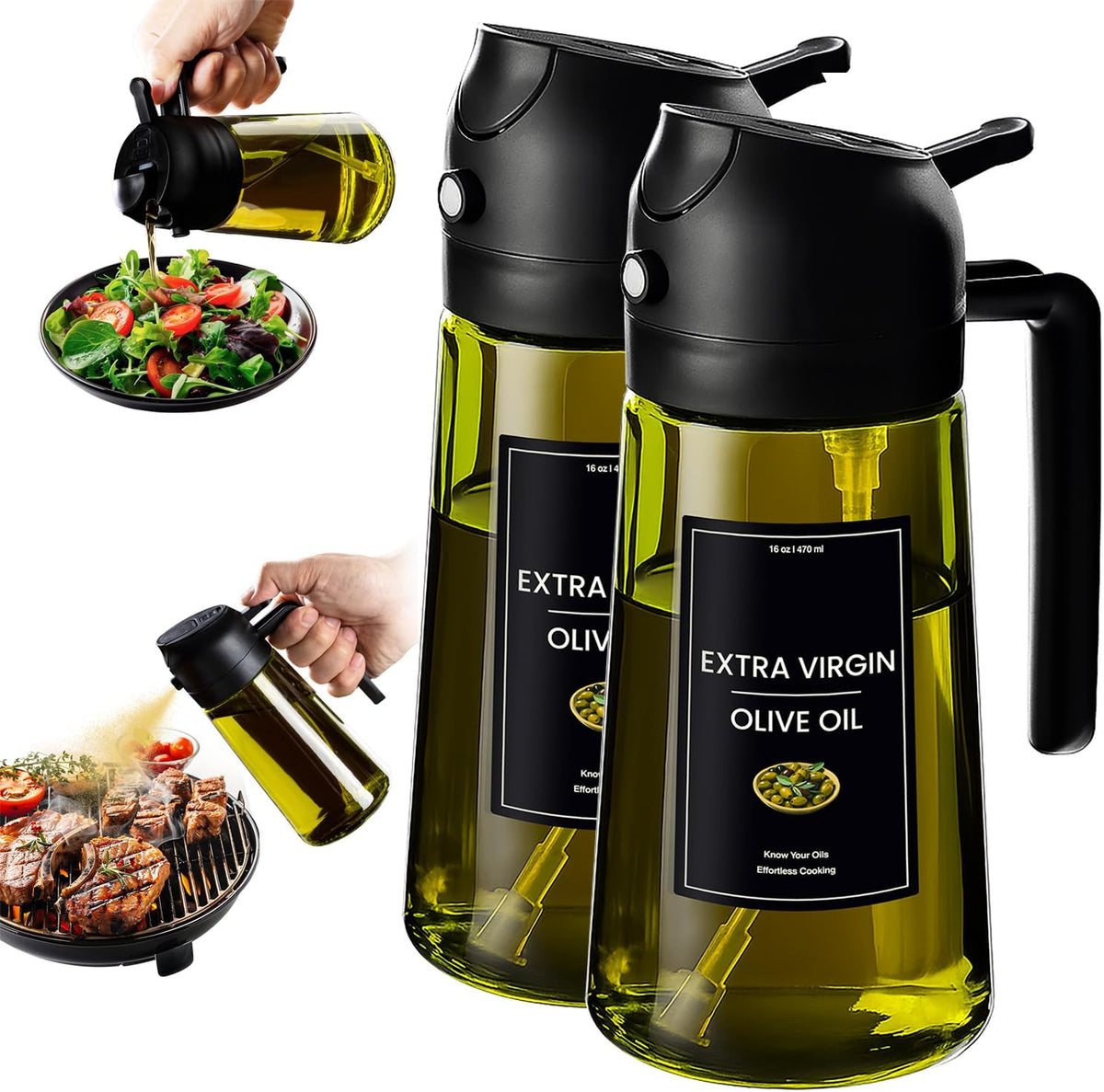 Flash Sale - CXINYI - 16oz/470ml Olive Oil Dispenser for Kitchen with Stickers - 2 in 1 Olive Oil Sprayer for Cooking, Air Fryer, and Salad, Black&Green (Light-Proof Kitchen Gadget)