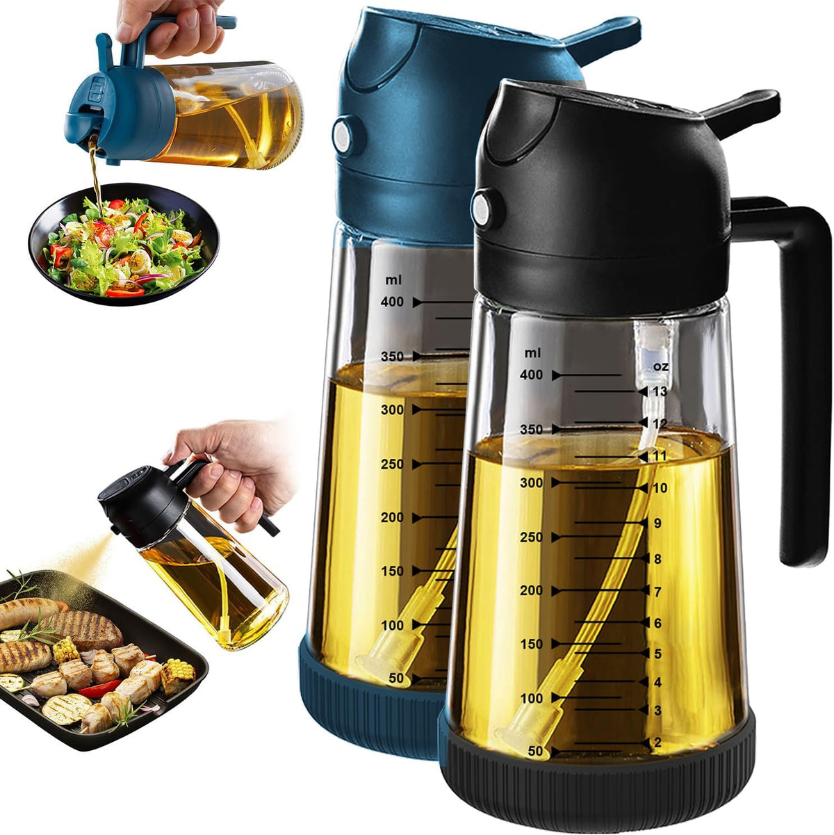Limited-Time Deal - TrendPlain 16oz Olive Oil Sprayer for Cooking with Silicone Base, 2 Black - 470ml 2 in 1 Olive Oil Dispenser Bottle – Kitchen Essentials, Kitchen Gadgets and Air Fryer Accessories for Salad & BBQ