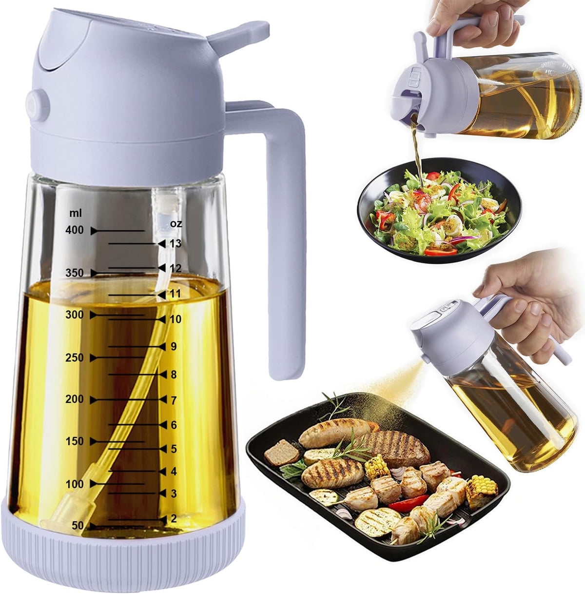 Great Value - TrendPlain 16oz/470ml Glass Olive Oil Sprayer for Cooking – 2 in 1 Olive Oil Dispenser Bottle for Kitchen Gadgets and Air Fryer Accessories, Salad, BBQ - Black & Green