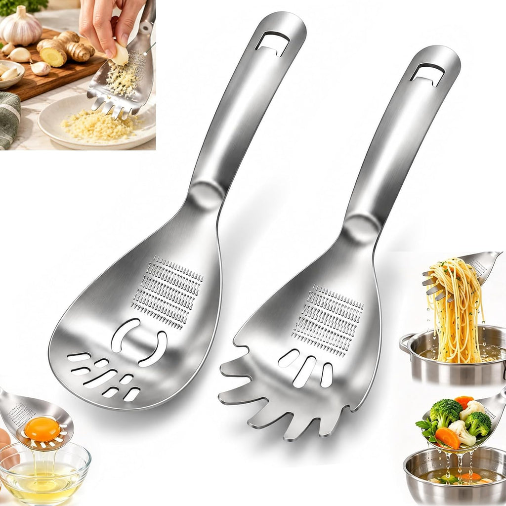 5-in-1 Stainless Steel Cooking Spoon, Multifunctional Kitchen Utensil with Garlic Ginger Grater, Potato Masher, Egg Separator, Strainer Spoon & Bottle Opener, Stainless Steel Kitchen Prep Tool