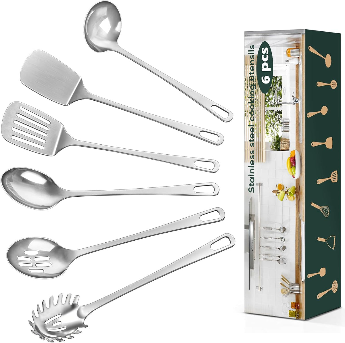 Flash Sale - 4 Pcs Cooking Utensils Set, Stainless Steel Kitchen Utensils, Heat Resistant Metal Kitchen Tools Include Solid & Slotted Turner Wok Spatula, Serving Spoon, Ergonomic Handle, Easy to Clean, Silver