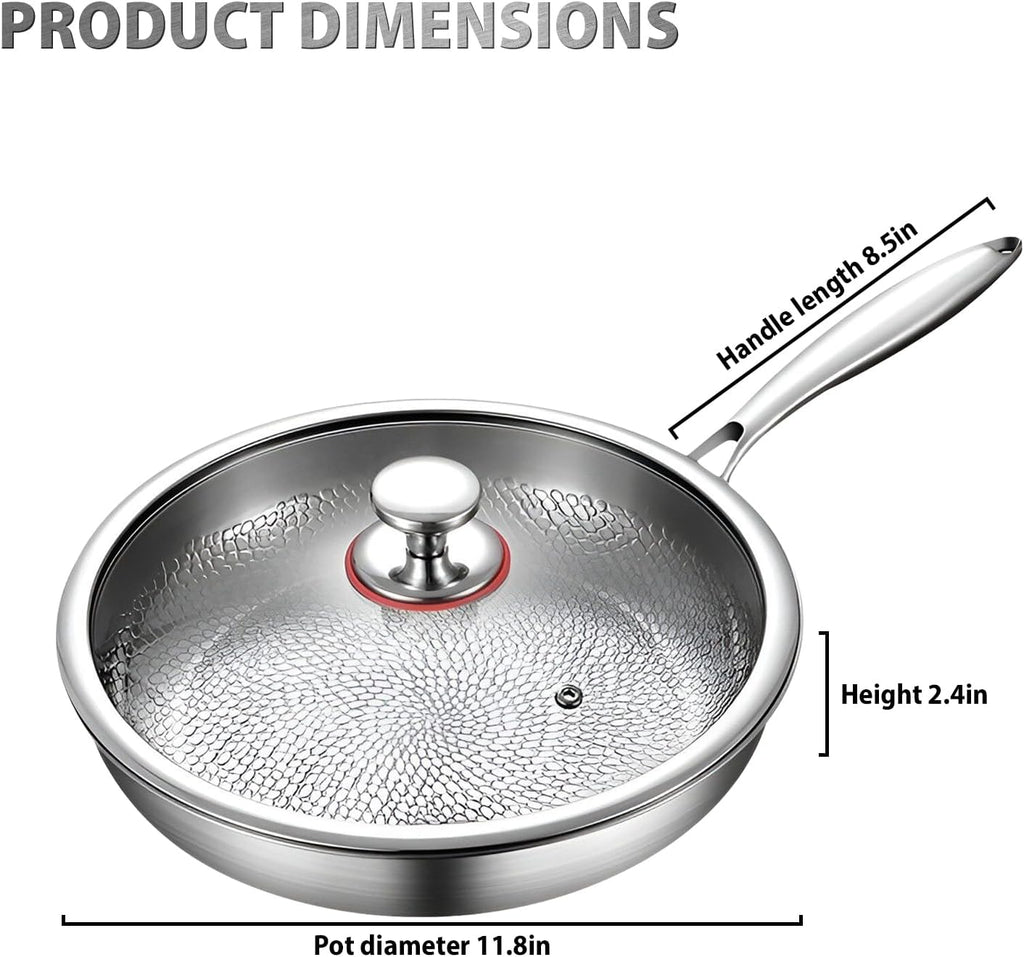 Great Value - MGahyi 12 Inch Titanium Pan for Cooking, Hammered Frying Pan with Lid, Scratch-Resistant Non-Toxic Cookware Compatible with All Stovetops (Silver)