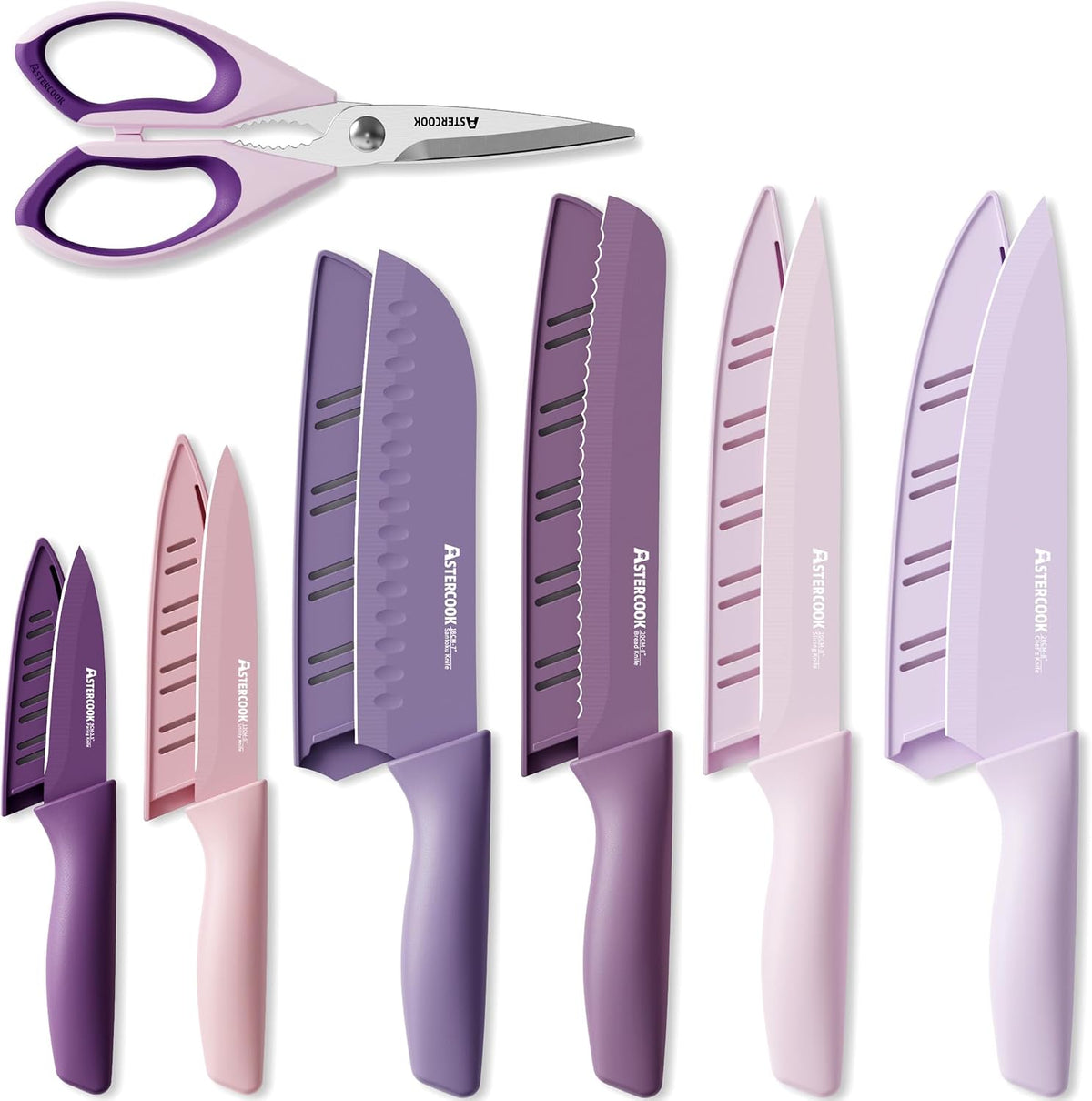 Flash Sale - Astercook Knife Set, 13 Pieces Kitchen Knives Set with Healthy Anti-Rust Coating, Dishwasher Safe, Stainless Steel Chef Knife Sets with 6 Blade Guards, Perfect Holiday Gifts for Kitchen