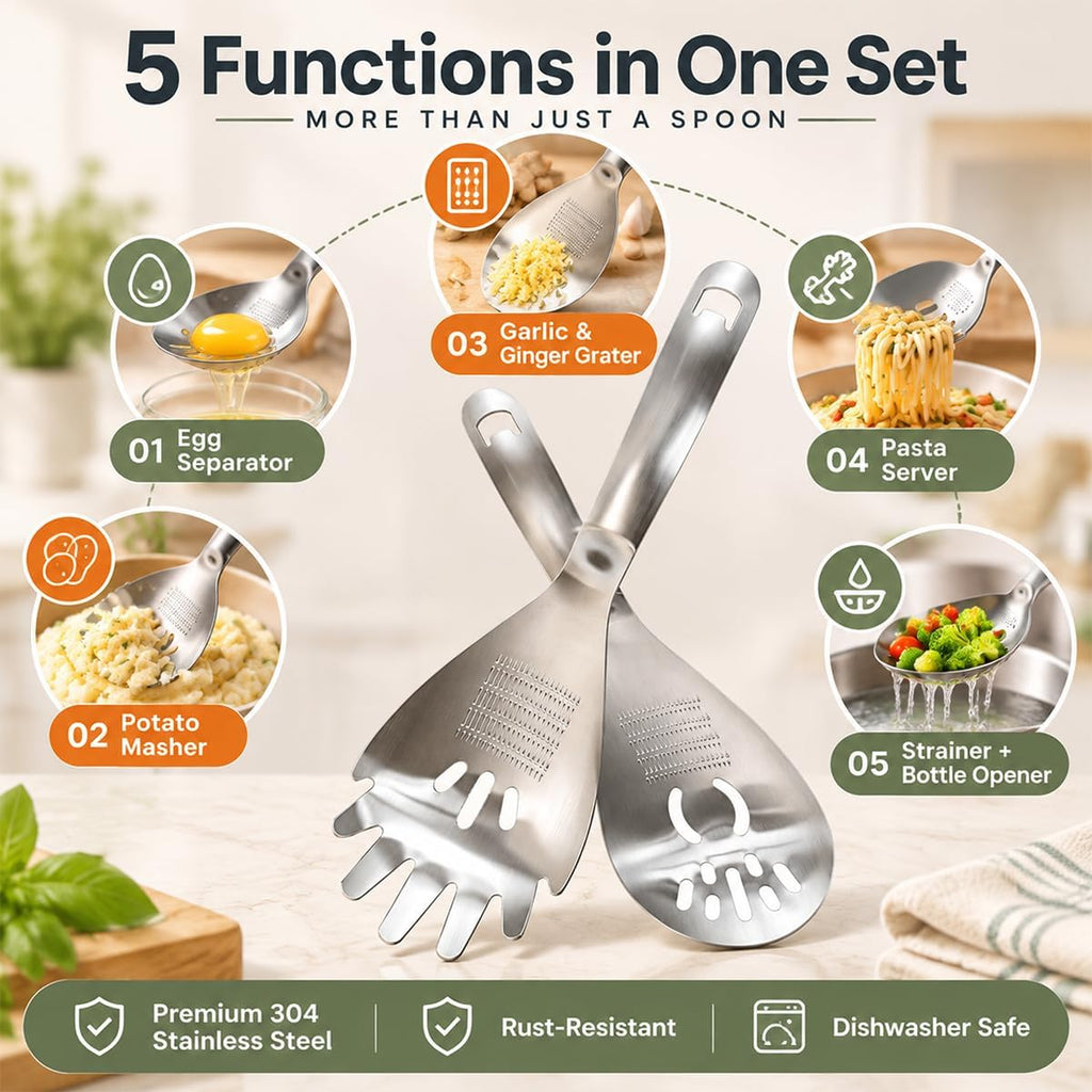5-in-1 Stainless Steel Cooking Spoon, Multifunctional Kitchen Utensil with Garlic Ginger Grater, Potato Masher, Egg Separator, Strainer Spoon & Bottle Opener, Stainless Steel Kitchen Prep Tool