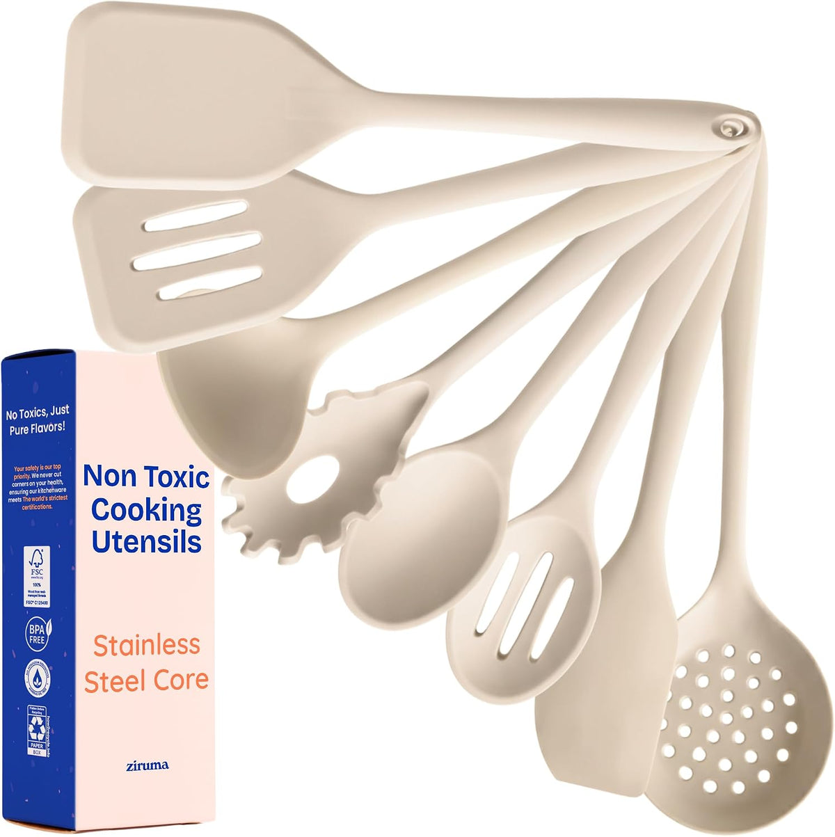 NonToxic Platinum Silicone Utensils, 100% Plastic-Free, 8-Pcs, Gray - LFGB-certified platinum silicone. Solid steel core, no hidden plastics. 500°F heat resistant. Non-scratch. Dishwasher safe