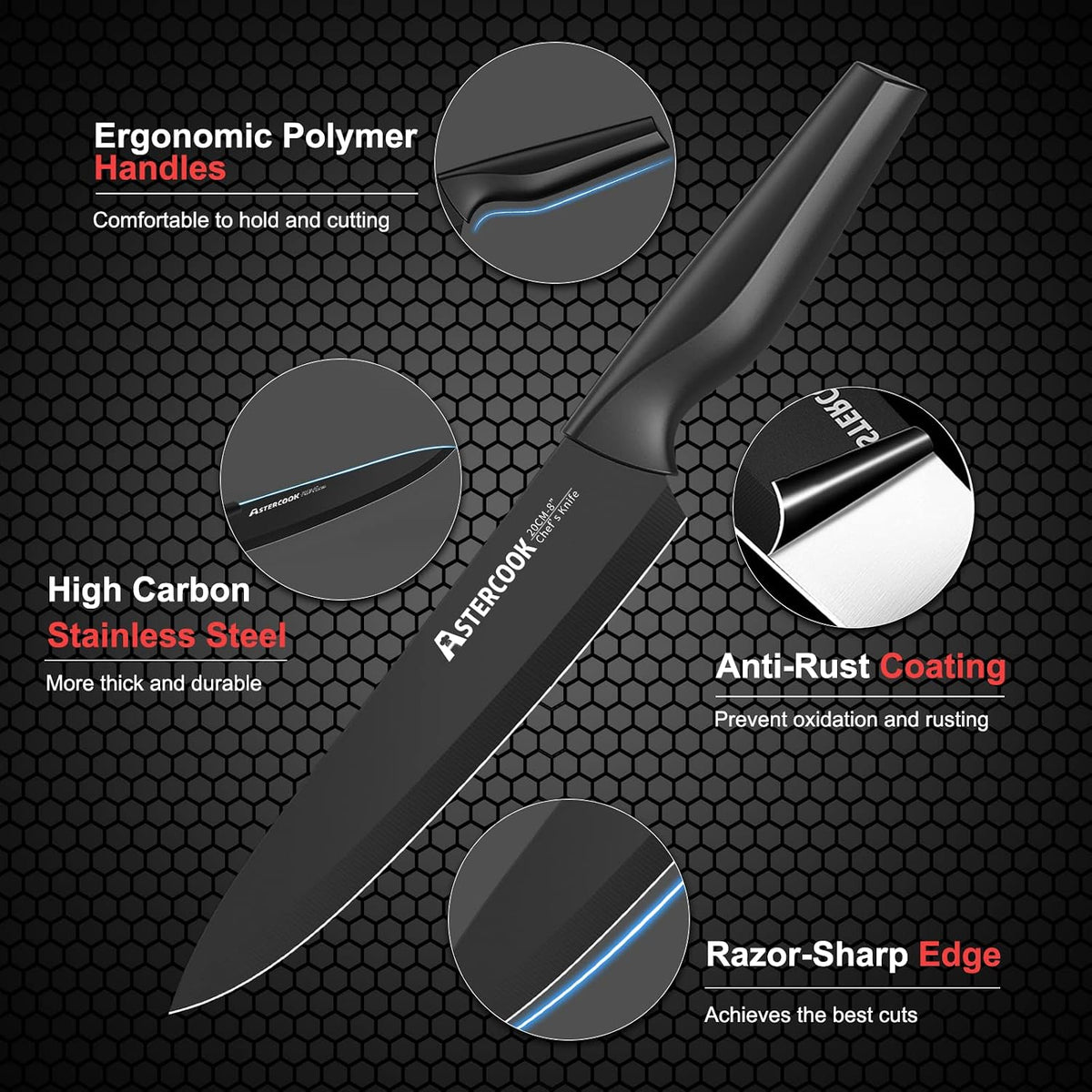 Best Seller - Knife Set, Astercook 21 Pieces Knife Sets for Kitchen with Block, Dishwasher Safe Kitchen Knife Set with Built-in Sharpener, German Stainless Steel Black Knife Block Set, Fathers Day Gift for Men