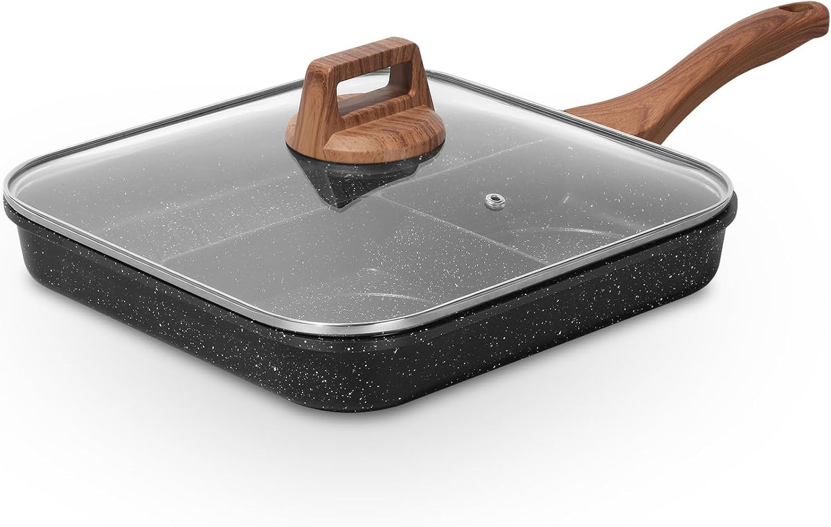 Limited-Time Deal - ESLITE LIFE Nonstick Divided Grill Pan for Stove Tops, 11 Inch Versatile 3-In-1 Breakfast Pan, Square Big Grilling Steak Pan for Indoor & Outdoor Cooking, PTFE & PFOA Free, Black