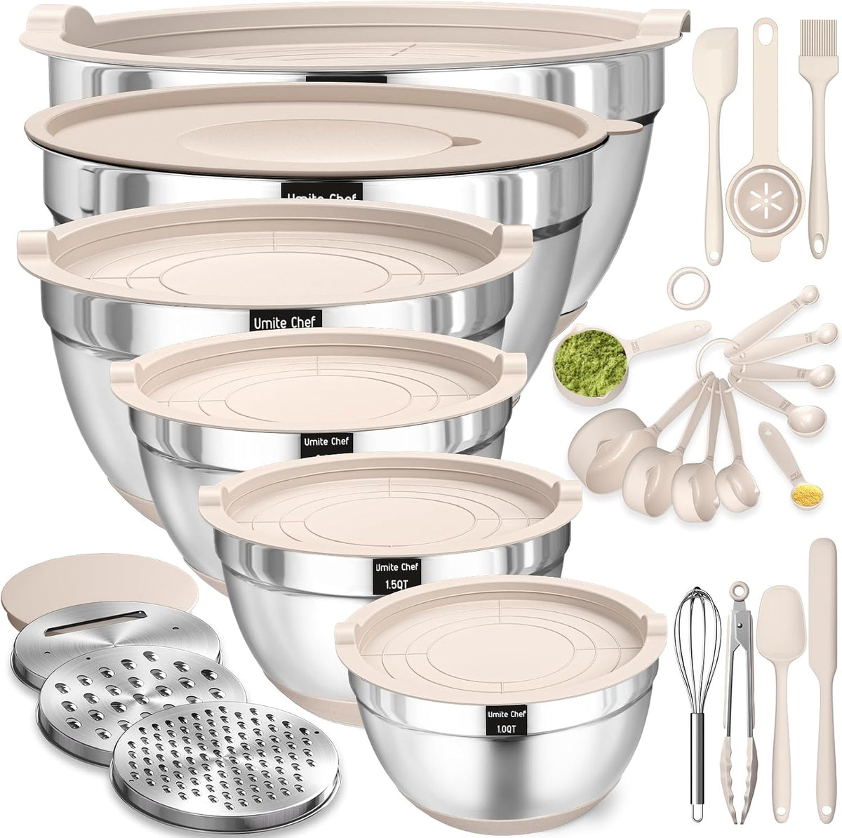 Special Offer - Mixing Bowls with Airtight Lids Set, 26PCS Stainless Steel Khaki Bowls with Grater Attachments, Non-Slip Bottoms & Kitchen Gadgets Set, Size 7, 4, 2.5, 2.0,1.5, 1QT, Great for Mixing & Serving