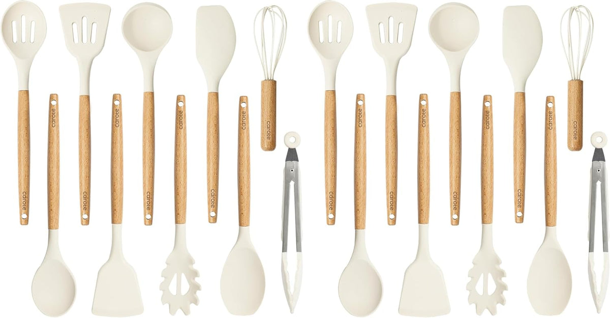 Best Seller - CAROTE 10-Piece Kitchen Utensils Set with Wood Cool-Touch Handles, Cream - Silicone Cooking Utensil, Food Grade, Nonstick Cookware Friendly, BPA-Free, Heat-Resistant, Everyday Home Essentials, Gifts