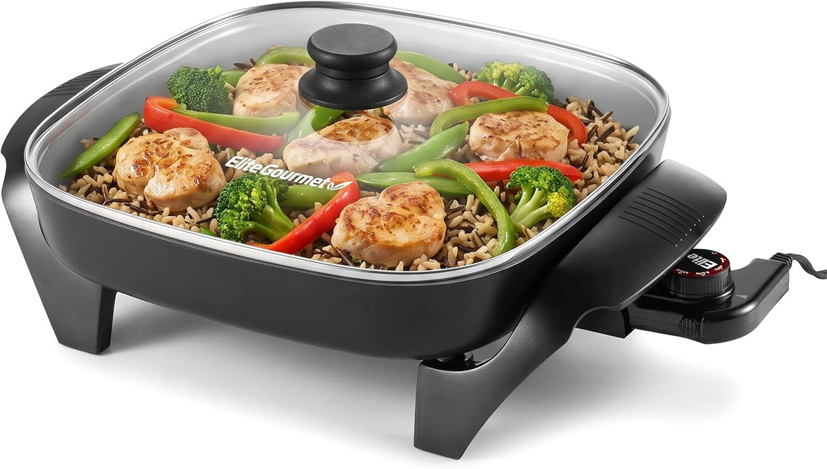 Flash Sale - Elite Gourmet 12 Ceralast? PFAS-Free Ceramic Electric Skillet, 1200W - 12x12 Surface, 2.15 Deep, Rapid Heat, EG2212
