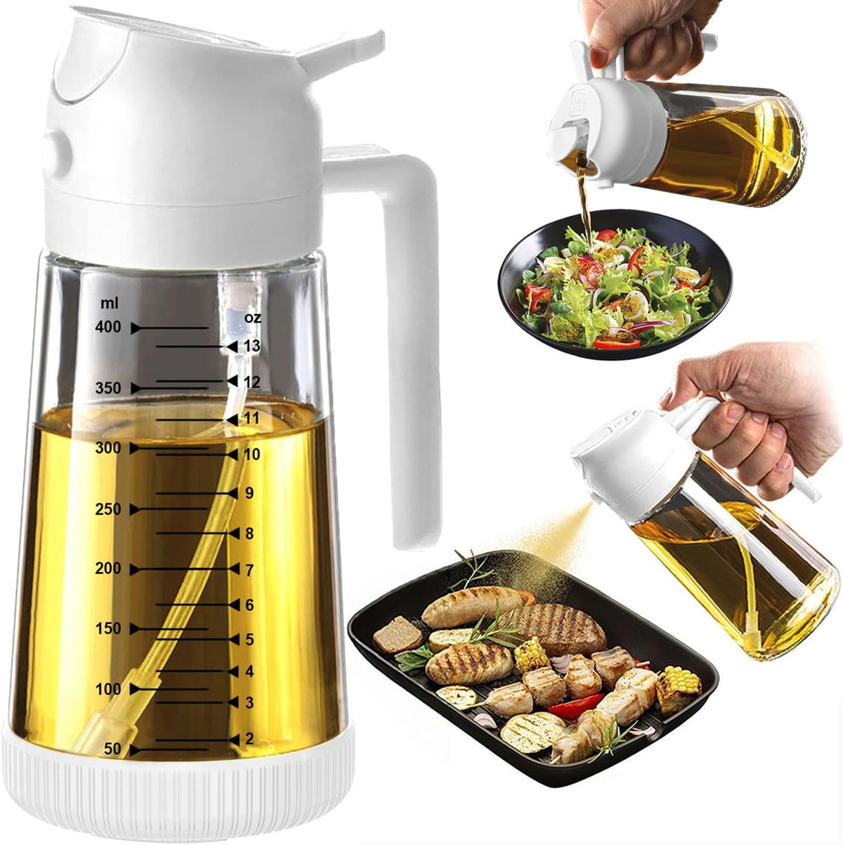 Great Value - TrendPlain 16oz/470ml Glass Olive Oil Sprayer for Cooking – 2 in 1 Olive Oil Dispenser Bottle for Kitchen Gadgets and Air Fryer Accessories, Salad, BBQ - Black & Green