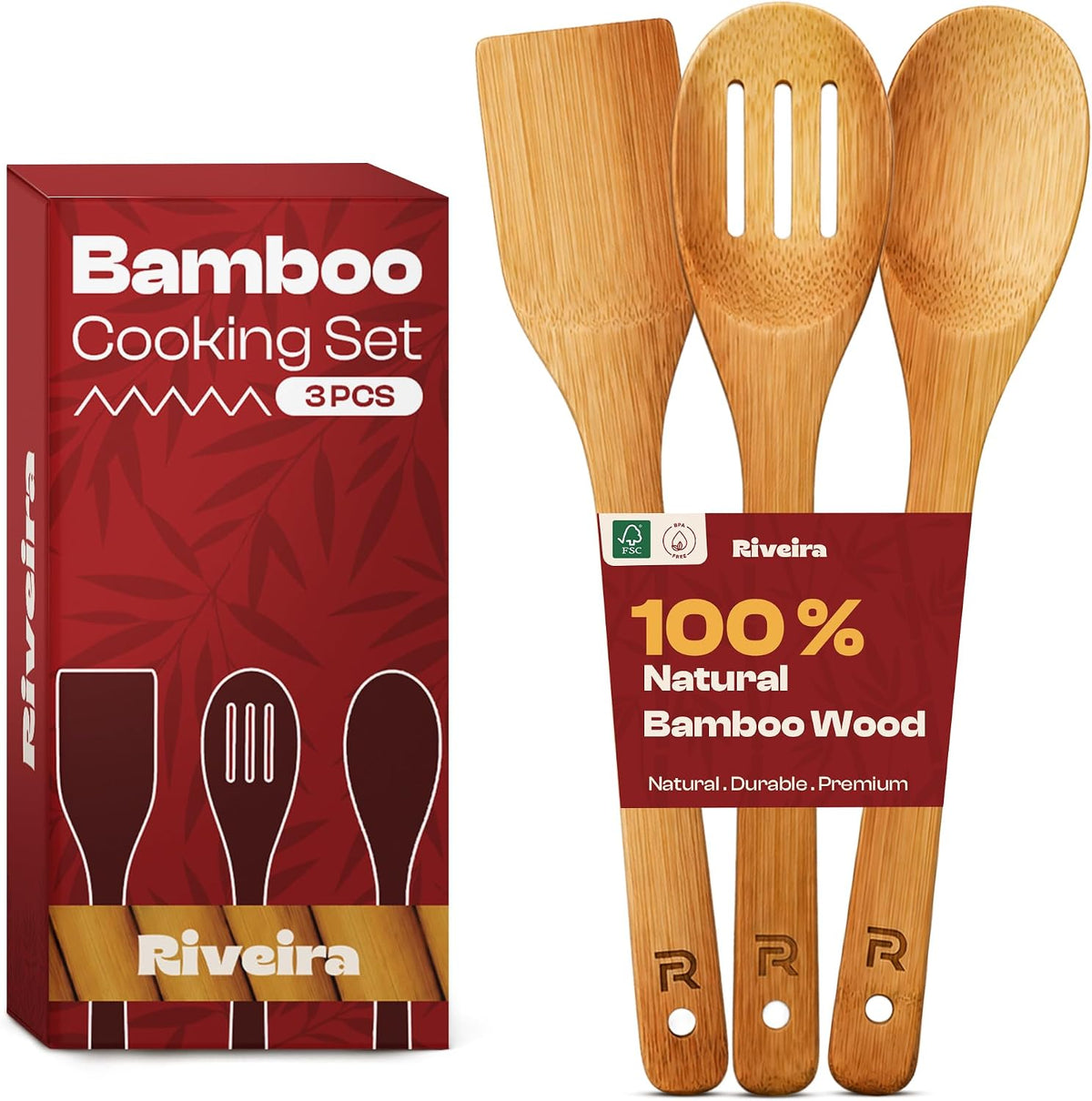 Riveira Dark Bamboo Wooden Spoons for Cooking 6-Piece, Apartment Essentials Wood Spatula Spoon Nonstick Kitchen Utensil Set Premium Quality Housewarming Gifts for Everyday Use