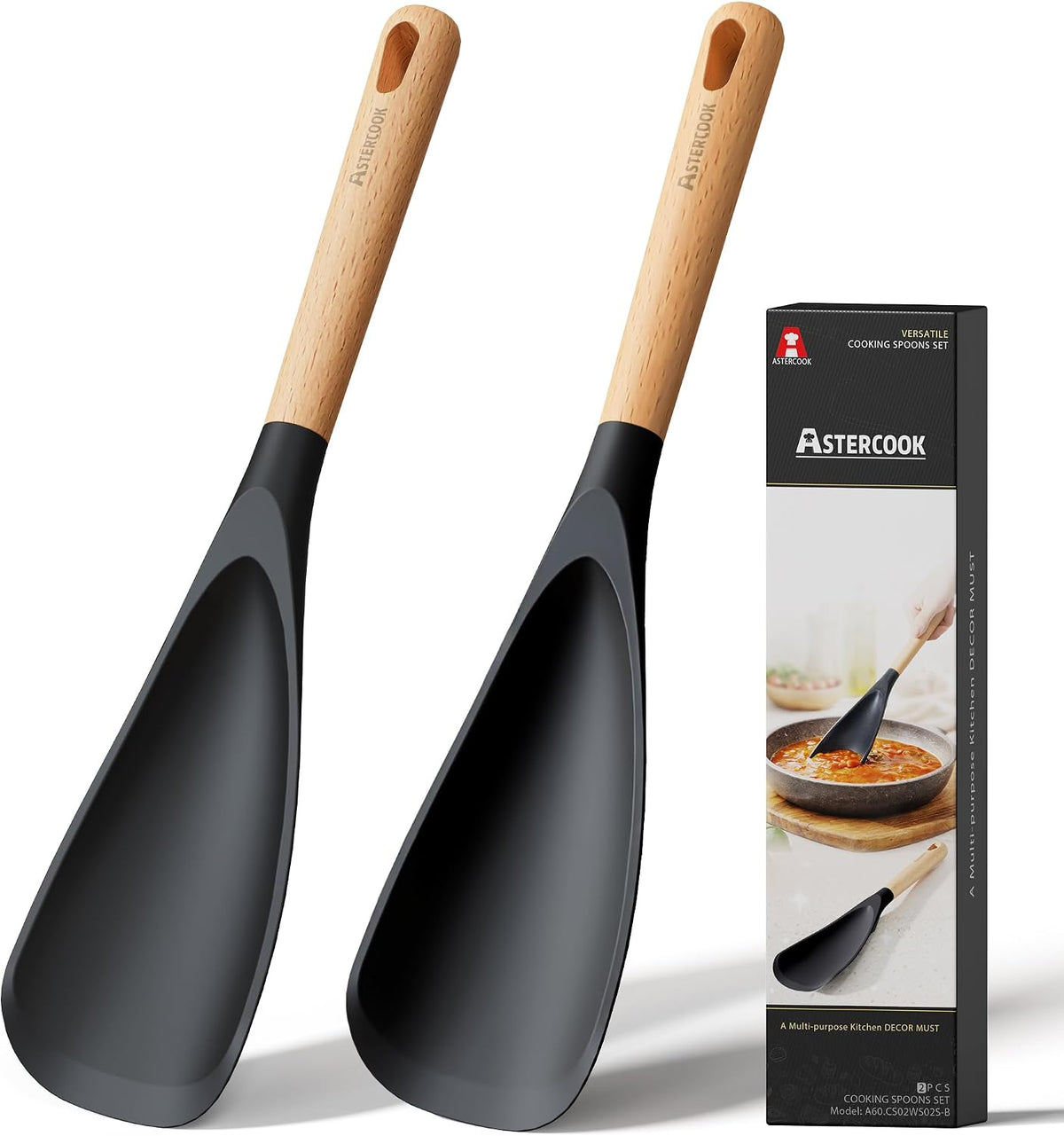 Limited-Time Deal - Astercook Cooking Spoon, 2 Pack, Nonstick Safe Silicone Spoonula Spatula - Long Wooden Handles, Heat Resistant, BPA-Free, Built-in Spoon Rest, Spatula Spoon For Stirring, Scooping, Scraping & Serving