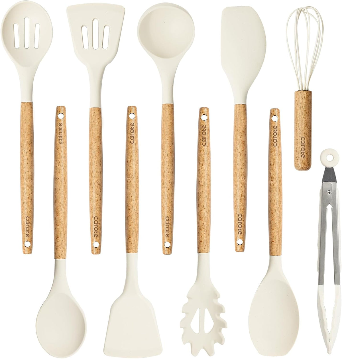 Best Seller - CAROTE 10-Piece Kitchen Utensils Set with Wood Cool-Touch Handles, Cream - Silicone Cooking Utensil, Food Grade, Nonstick Cookware Friendly, BPA-Free, Heat-Resistant, Everyday Home Essentials, Gifts