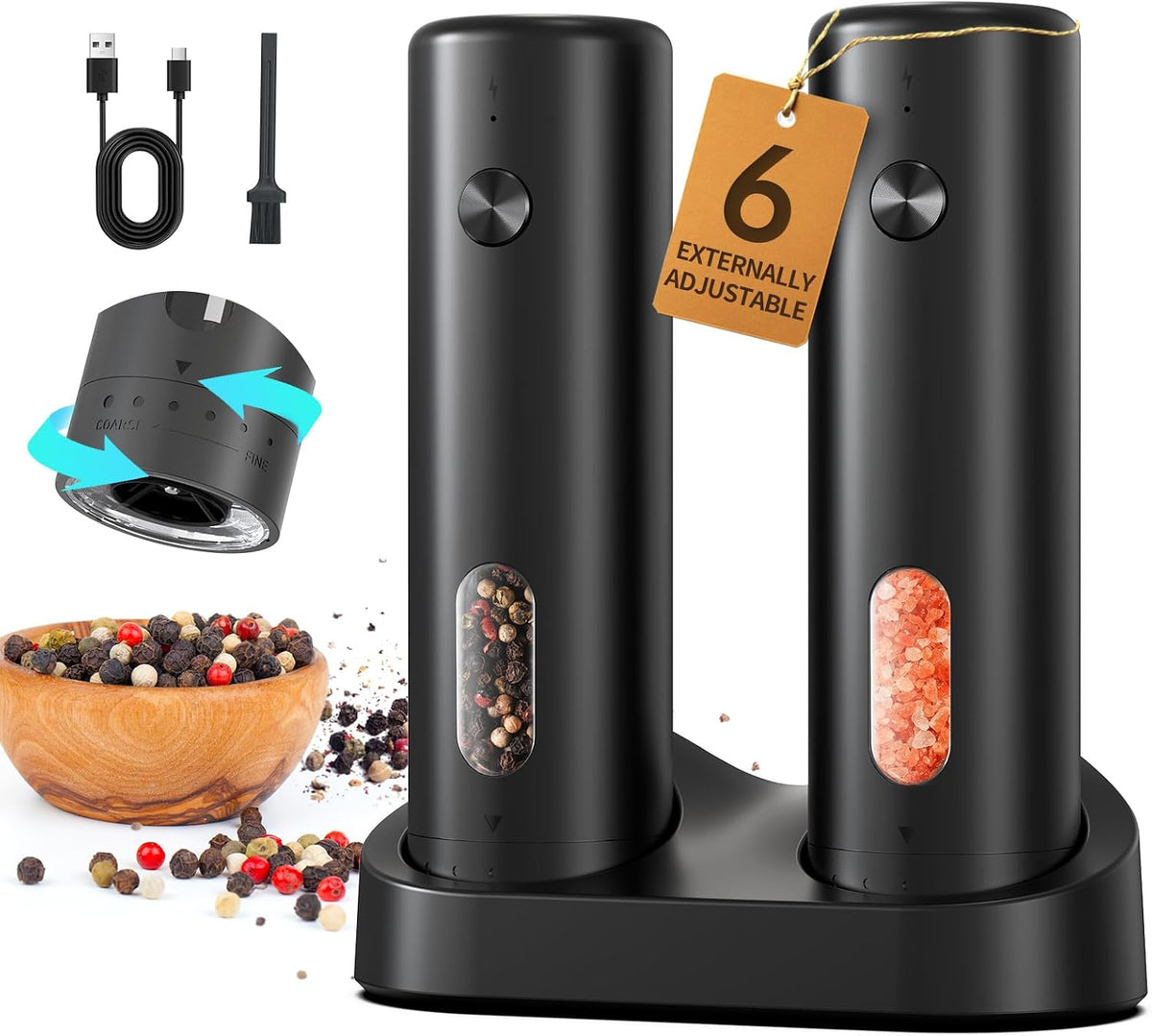 Special Offer - CIRCLE JOY Gravity Electric Salt and Pepper Grinder Set Automatic Salt and Pepper Grinder Set with LED Light, Battery Operated, Adjustable Coarseness, Large Capacity, for Home Kitchen BBQ, Black