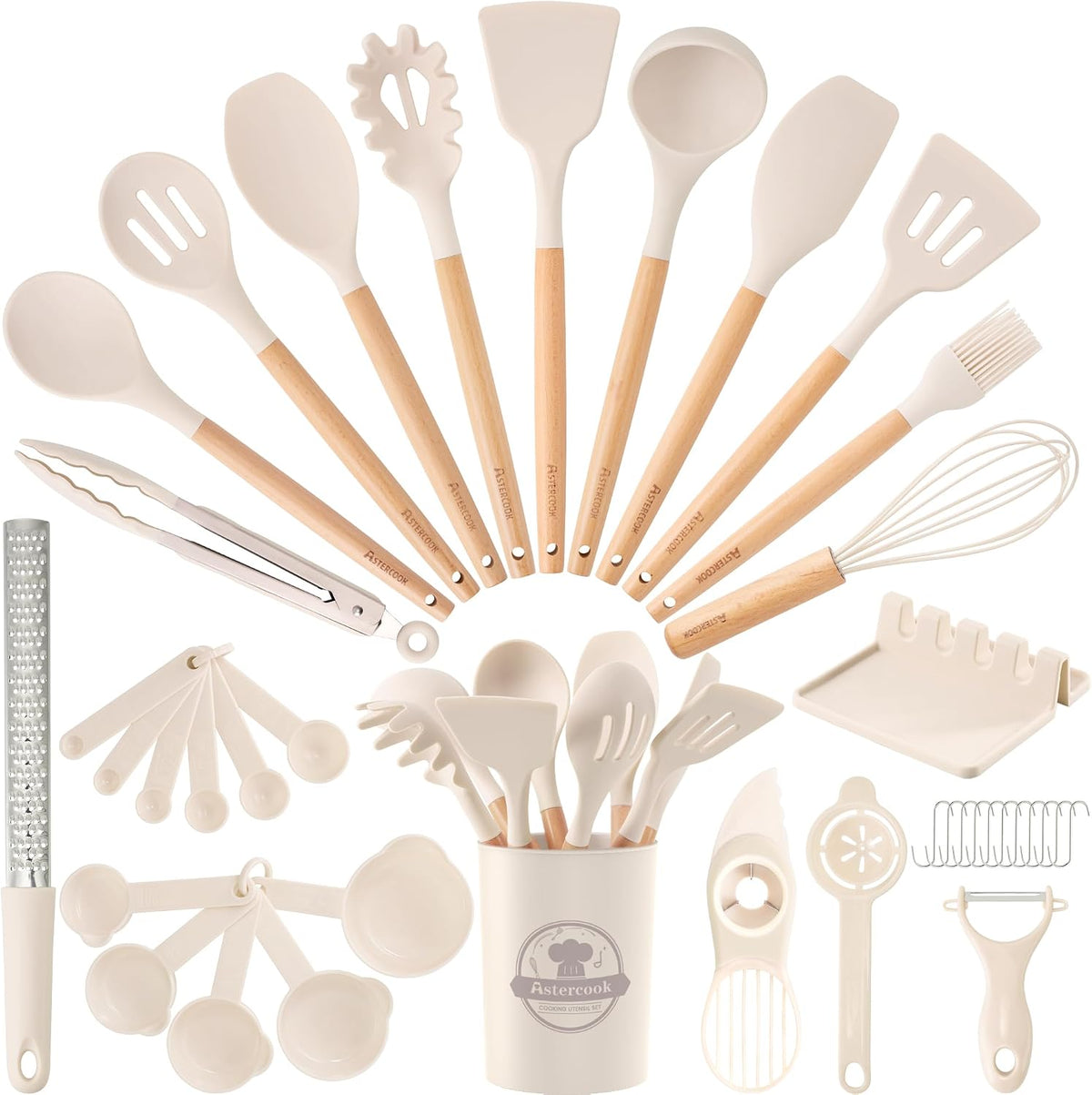 Astercook 39 PCS Kitchen Utensils Set, Silicone Cooking Utensil Sets with Wooden Handle, 446°F Heat Resistant Food Grade Spatula Set, BPA Free Kitchen Gadgets Tools Set & Spoons for Nonstick Cookware