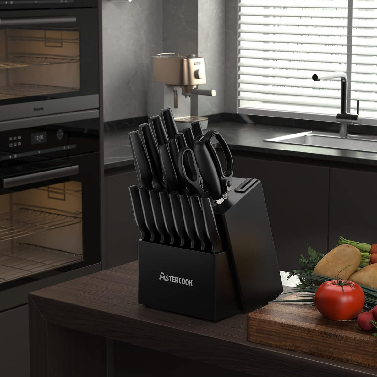 Best Seller - Knife Set, Astercook 21 Pieces Knife Sets for Kitchen with Block, Dishwasher Safe Kitchen Knife Set with Built-in Sharpener, German Stainless Steel Black Knife Block Set, Fathers Day Gift for Men