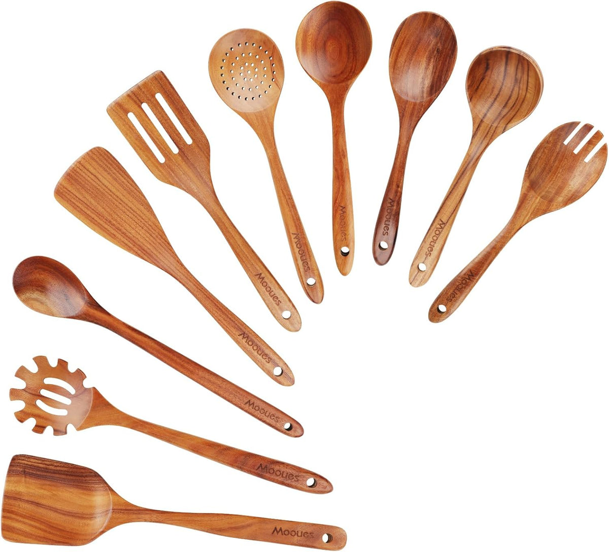 Special Offer - Mooues Wooden Kitchen Utensil Set, 9 Piece Natural Teak with Spoon Rest - Wooden Cooking Utensils with Comfort Grip, Smooth Durable Heat Resistant Cooking Spoons and Utensils Holder for Cooking