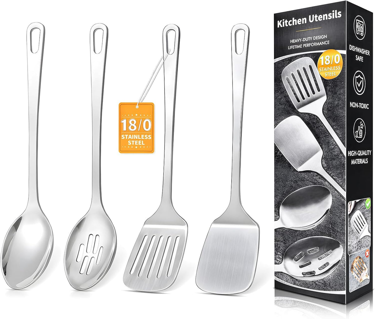 Flash Sale - 4 Pcs Cooking Utensils Set, Stainless Steel Kitchen Utensils, Heat Resistant Metal Kitchen Tools Include Solid & Slotted Turner Wok Spatula, Serving Spoon, Ergonomic Handle, Easy to Clean, Silver