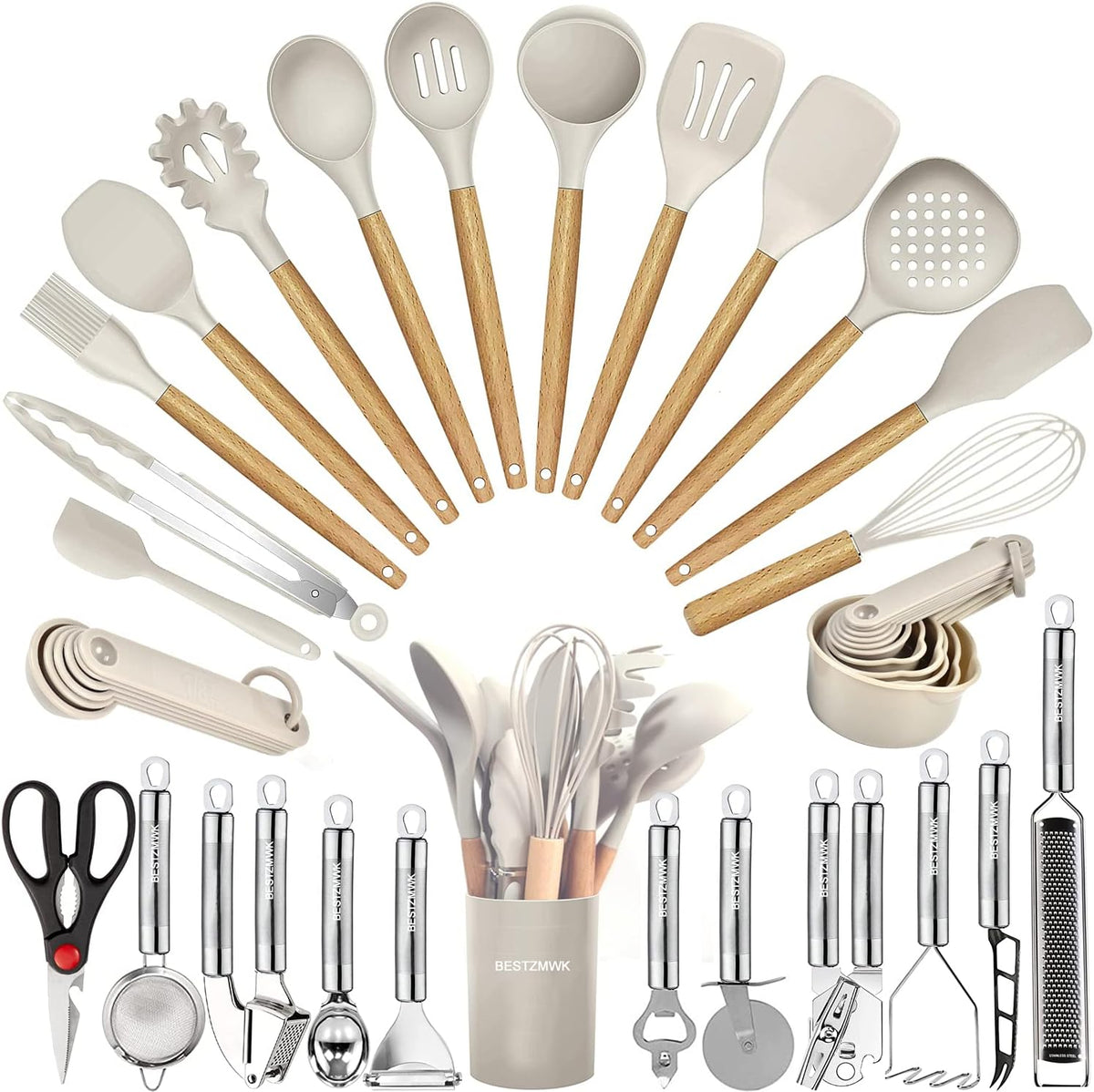 Special Offer - Kitchen Utensils Set- 35 PCs Cooking Utensils with Grater,Tongs, Spoon Spatula &Turner Made of Heat Resistant Food Grade Silicone and Wooden Handles Kitchen Gadgets Tools Set for Nonstick Cookware