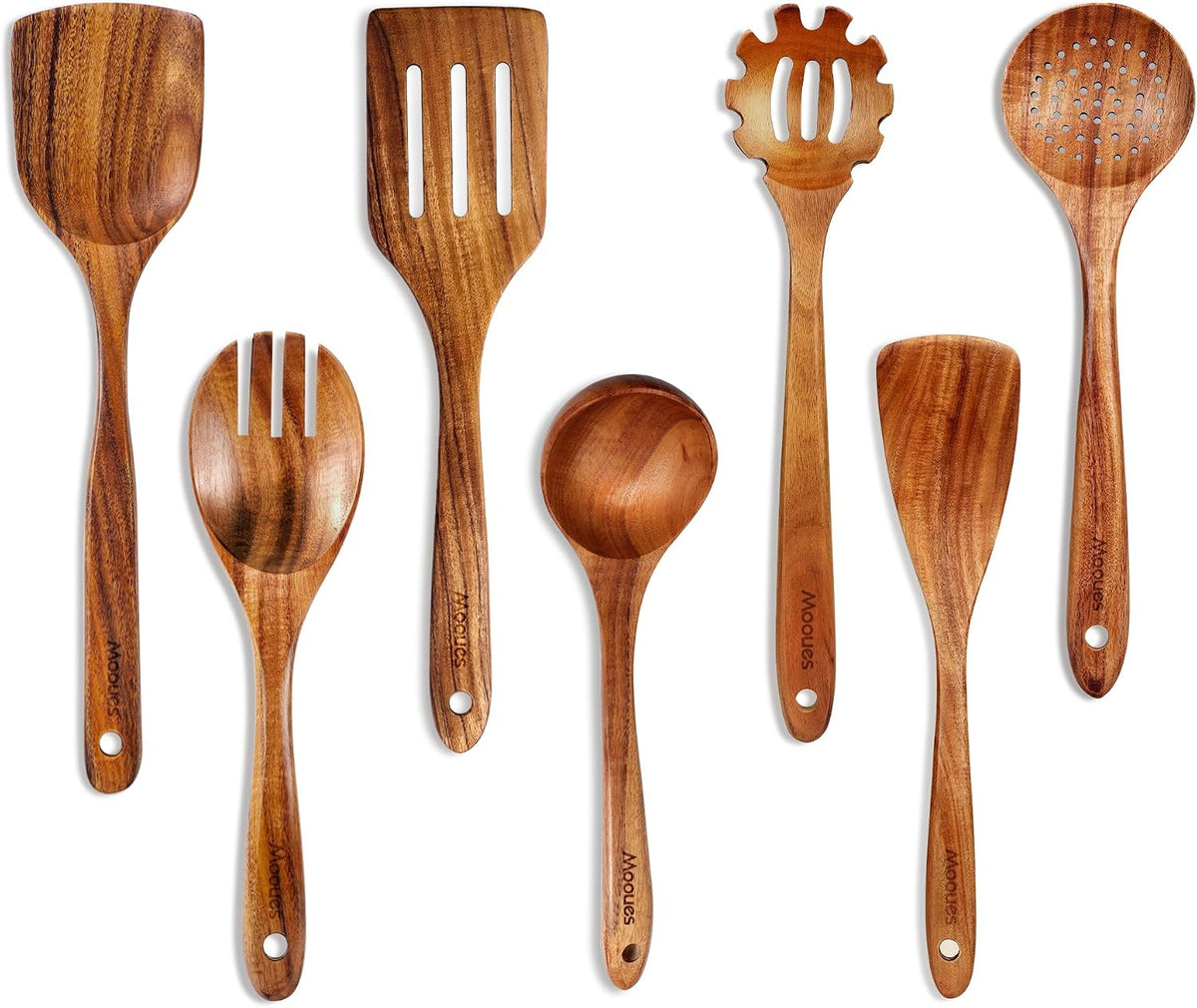 Special Offer - Mooues Wooden Kitchen Utensil Set, 9 Piece Natural Teak with Spoon Rest - Wooden Cooking Utensils with Comfort Grip, Smooth Durable Heat Resistant Cooking Spoons and Utensils Holder for Cooking