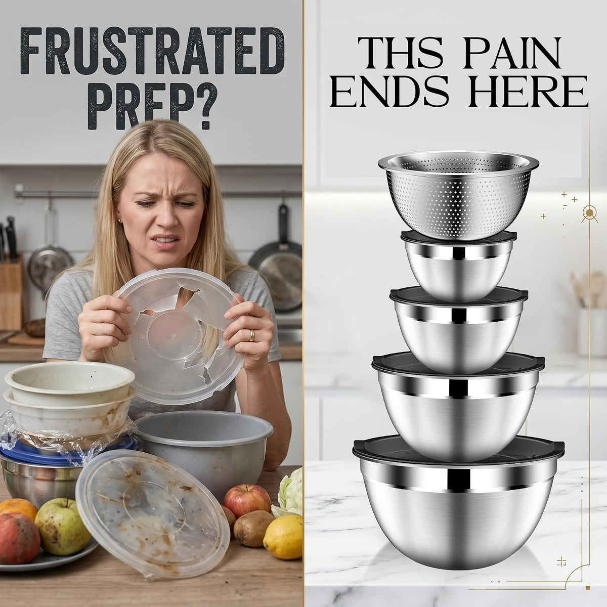 Great Value - Mixing Bowls with Lids Set, Stainless Steel Mixing Bowl with Colander - Home and Kitchen Essential incl. Strainer 3 Qt with Mixing Bowl 1.5/2/2.5/3/4.5Qt for Fruit, Salad, Serving, Cooking - Black