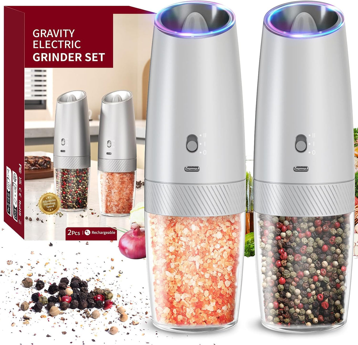 Special Offer - CIRCLE JOY Gravity Electric Salt and Pepper Grinder Set Automatic Salt and Pepper Grinder Set with LED Light, Battery Operated, Adjustable Coarseness, Large Capacity, for Home Kitchen BBQ, Black