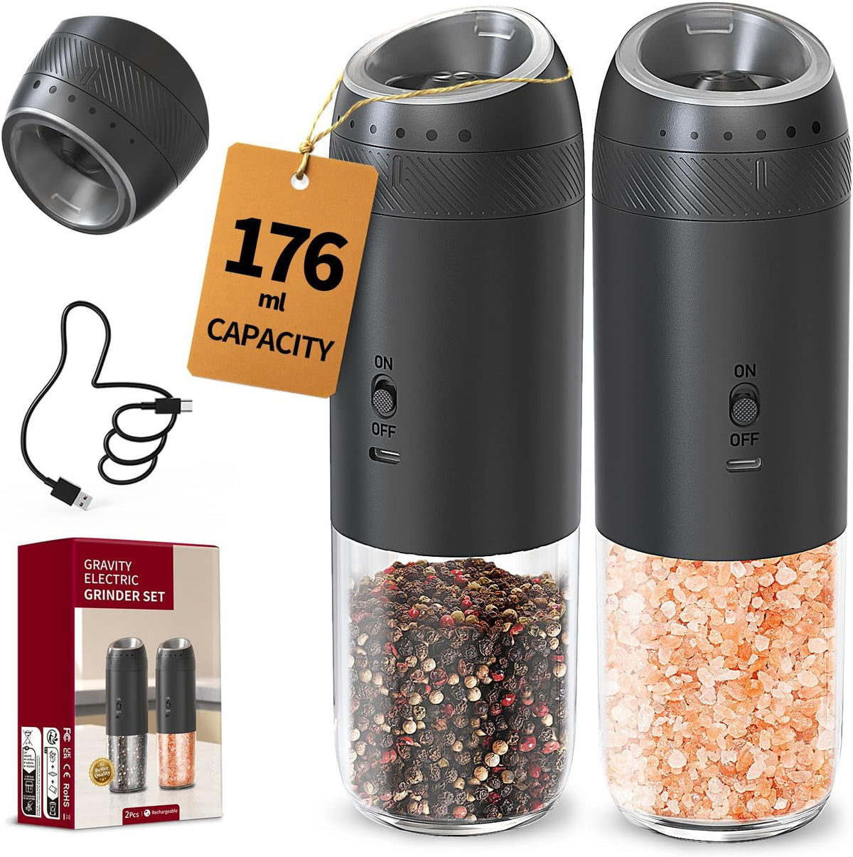 Special Offer - CIRCLE JOY Gravity Electric Salt and Pepper Grinder Set Automatic Salt and Pepper Grinder Set with LED Light, Battery Operated, Adjustable Coarseness, Large Capacity, for Home Kitchen BBQ, Black