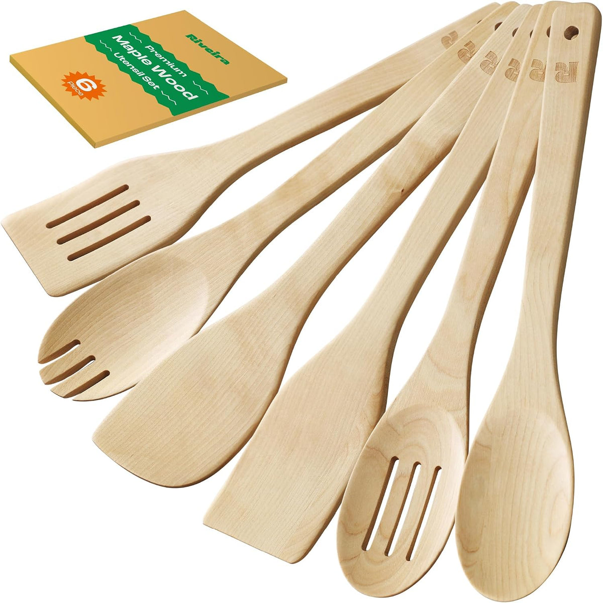 Flash Sale - Riveira Bamboo Cooking Spoons 6-Piece – Wooden Cooking Utensils Set with Wooden Spoons for Cooking & Spatulas Wooden Utensil Sets – Premium Kitchen Utensils Set – Durable First Apartment Essentials