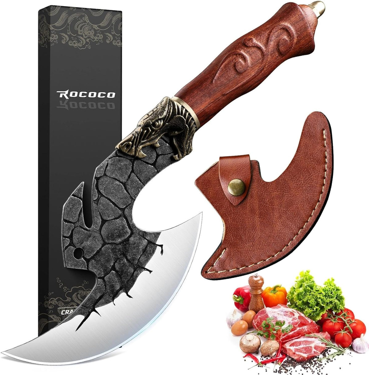 Great Value - ROCOCO Viking Cleaver Knife Birthday - Kitchen Axe & Sheath Father Gift Men - Hand Forged High Carbon Steel Butcher Meat Cutting Boning Knife for Home Outdoor BBQ Camping Chirstmas Mother