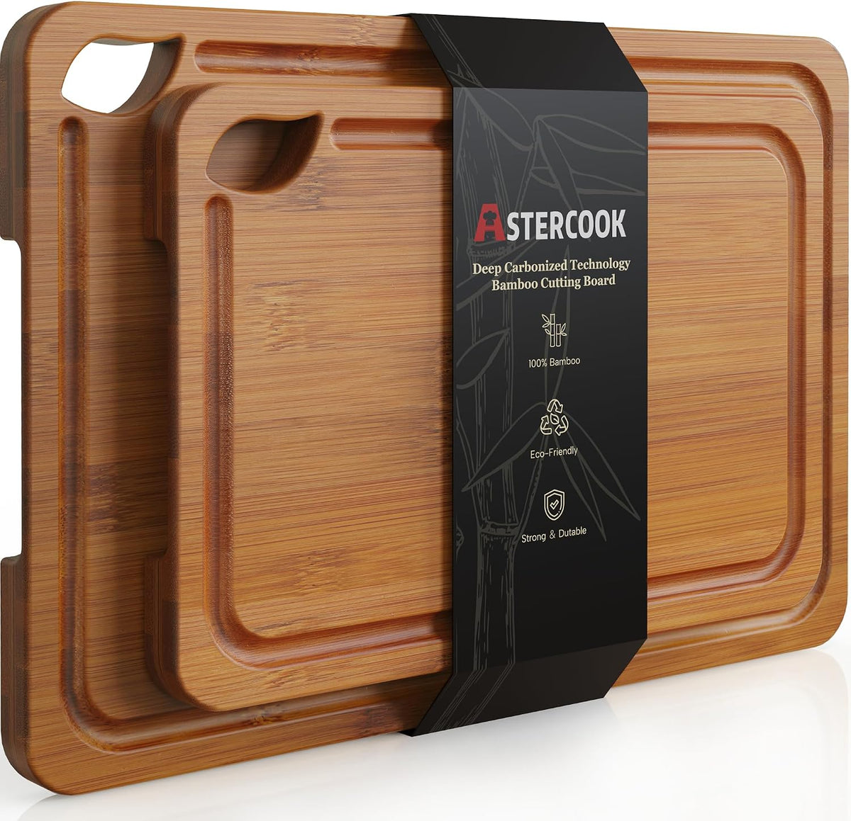Hot Sale - Astercook Deep-Carbonized Bamboo Cutting Boards for Kitchen with Wood Storage Stand, Reversible Charcuterie & Chopping Boards with Juice Grooves and Easy-Grip Handles, Fathers Day Gift for Men