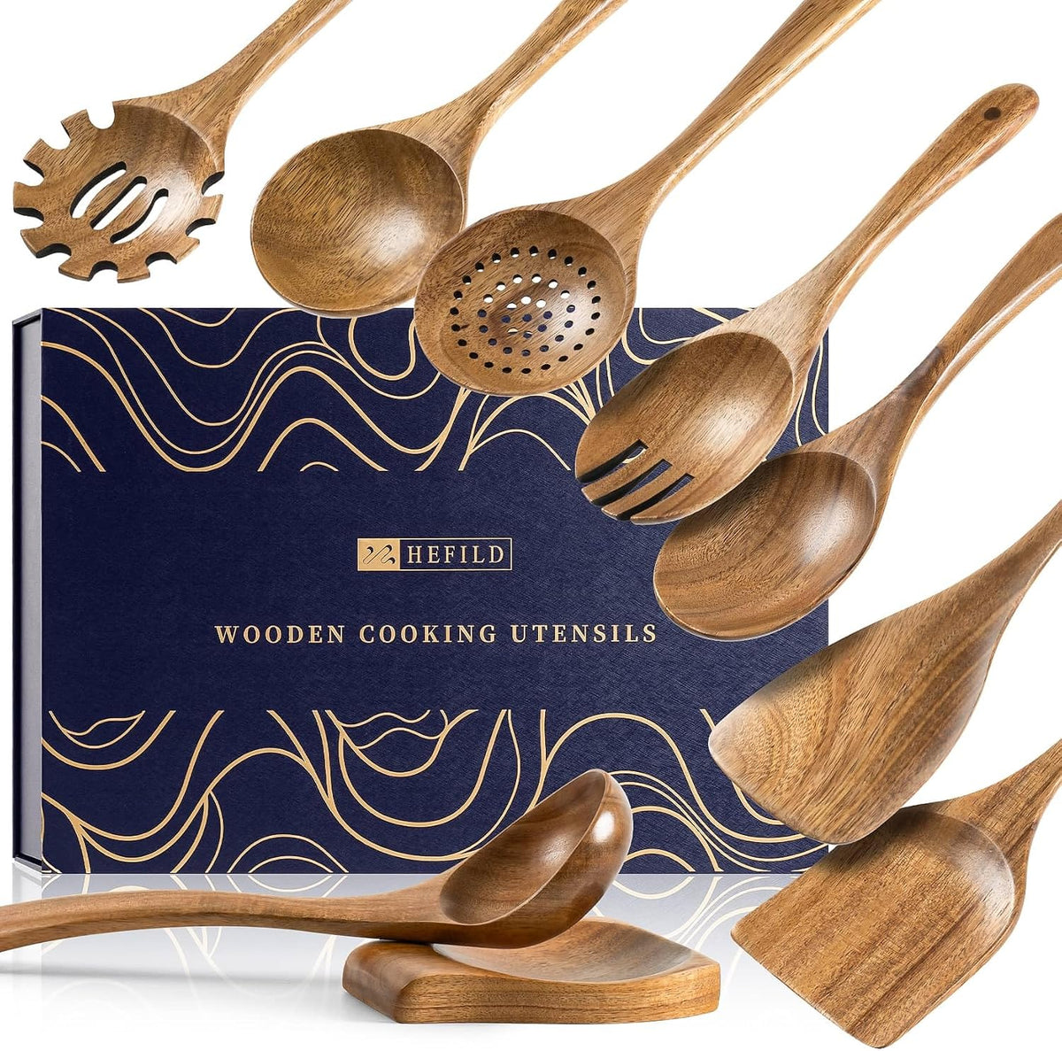 Hefild Wooden Spoons for Cooking, 10-Piece Acacia Wood Cooking Utensil Set - Spoons and spatulas stir, mix, flip and serve; balanced handles offer control while staying gentle on nonstick cookware.