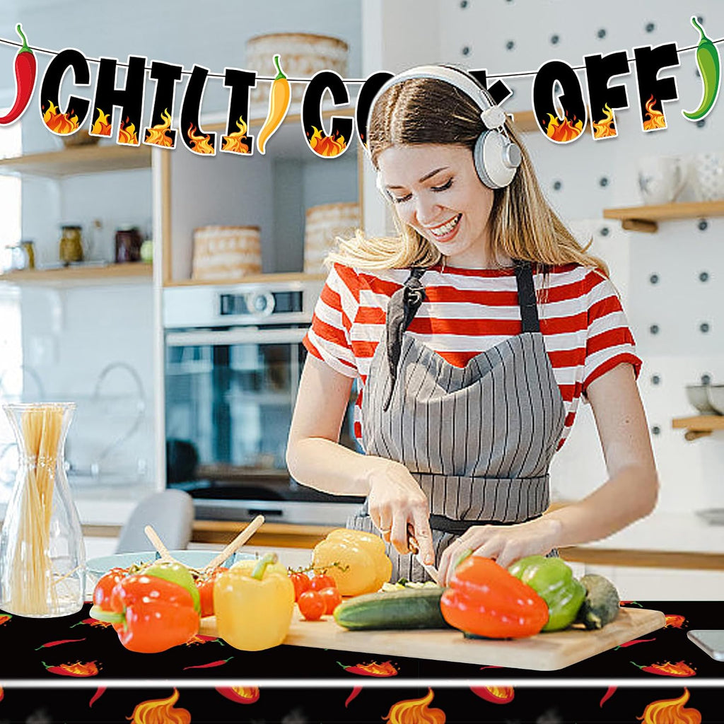 Limited-Time Deal - 4 Pcs Black Chili Cook Off Table Decoration Set, Chilis Pepper Party Decor - Disposable 108 x 54 Chilis Peppers Flame Table Covers 33 Ft Cooking Chili Contest Banner Ornaments Party Supplies