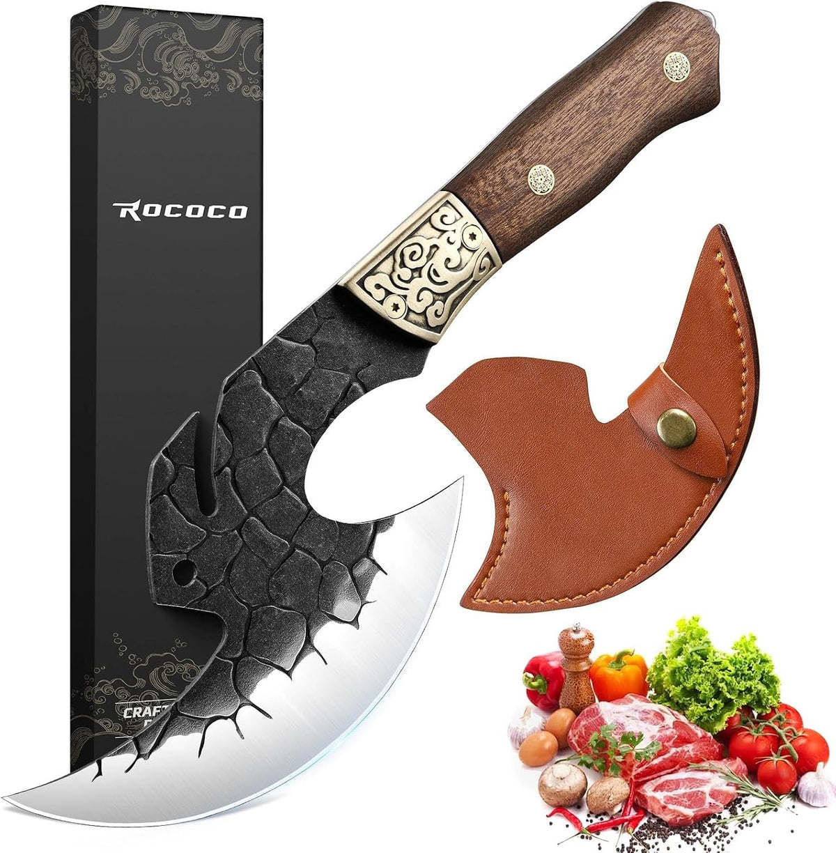 Great Value - ROCOCO Viking Cleaver Knife Birthday - Kitchen Axe & Sheath Father Gift Men - Hand Forged High Carbon Steel Butcher Meat Cutting Boning Knife for Home Outdoor BBQ Camping Chirstmas Mother