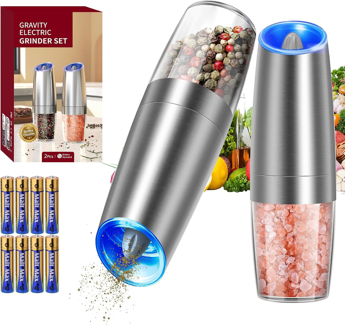 Special Offer - CIRCLE JOY Gravity Electric Salt and Pepper Grinder Set Automatic Salt and Pepper Grinder Set with LED Light, Battery Operated, Adjustable Coarseness, Large Capacity, for Home Kitchen BBQ, Black