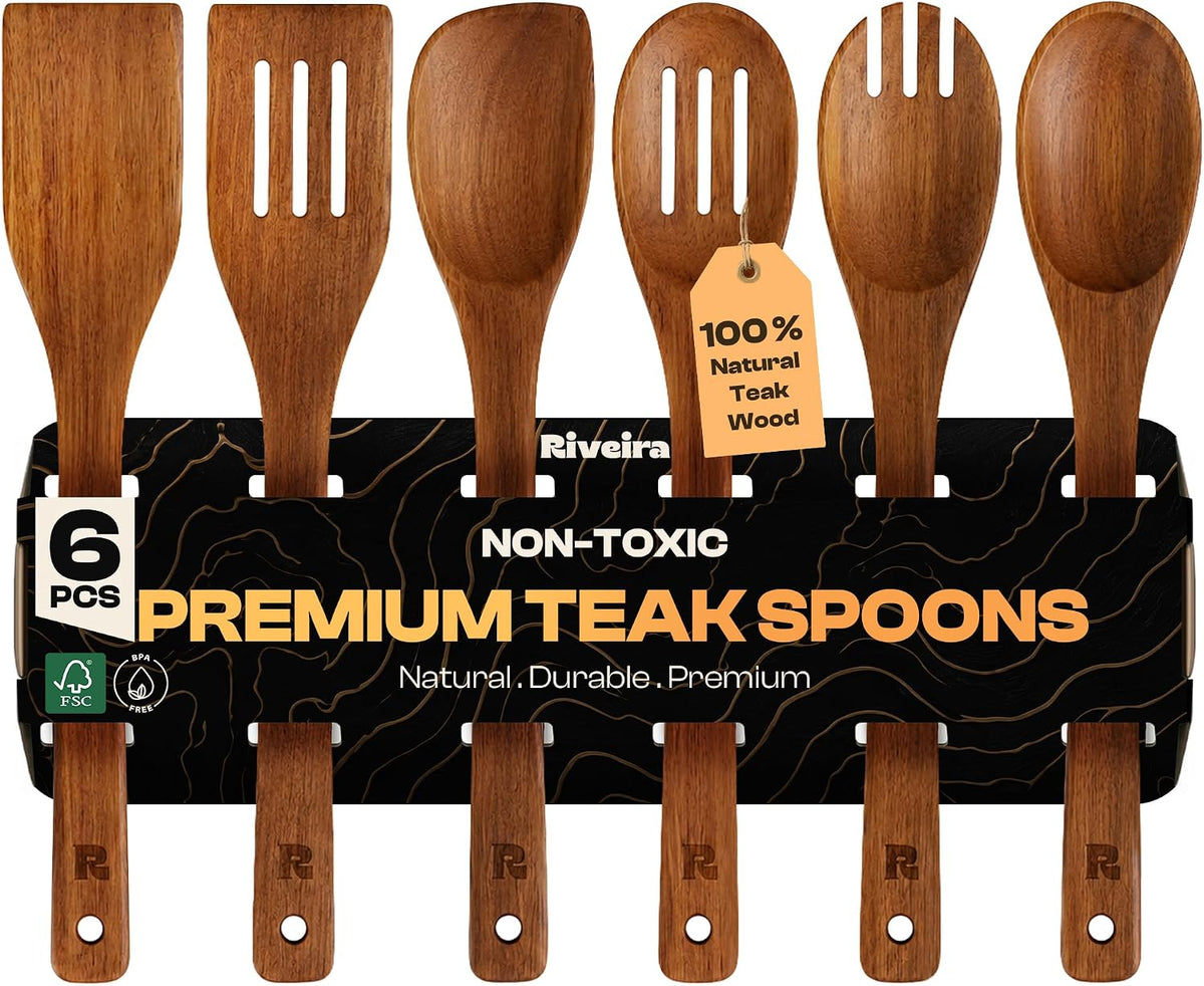 Riveira Dark Bamboo Wooden Spoons for Cooking 6-Piece, Apartment Essentials Wood Spatula Spoon Nonstick Kitchen Utensil Set Premium Quality Housewarming Gifts for Everyday Use
